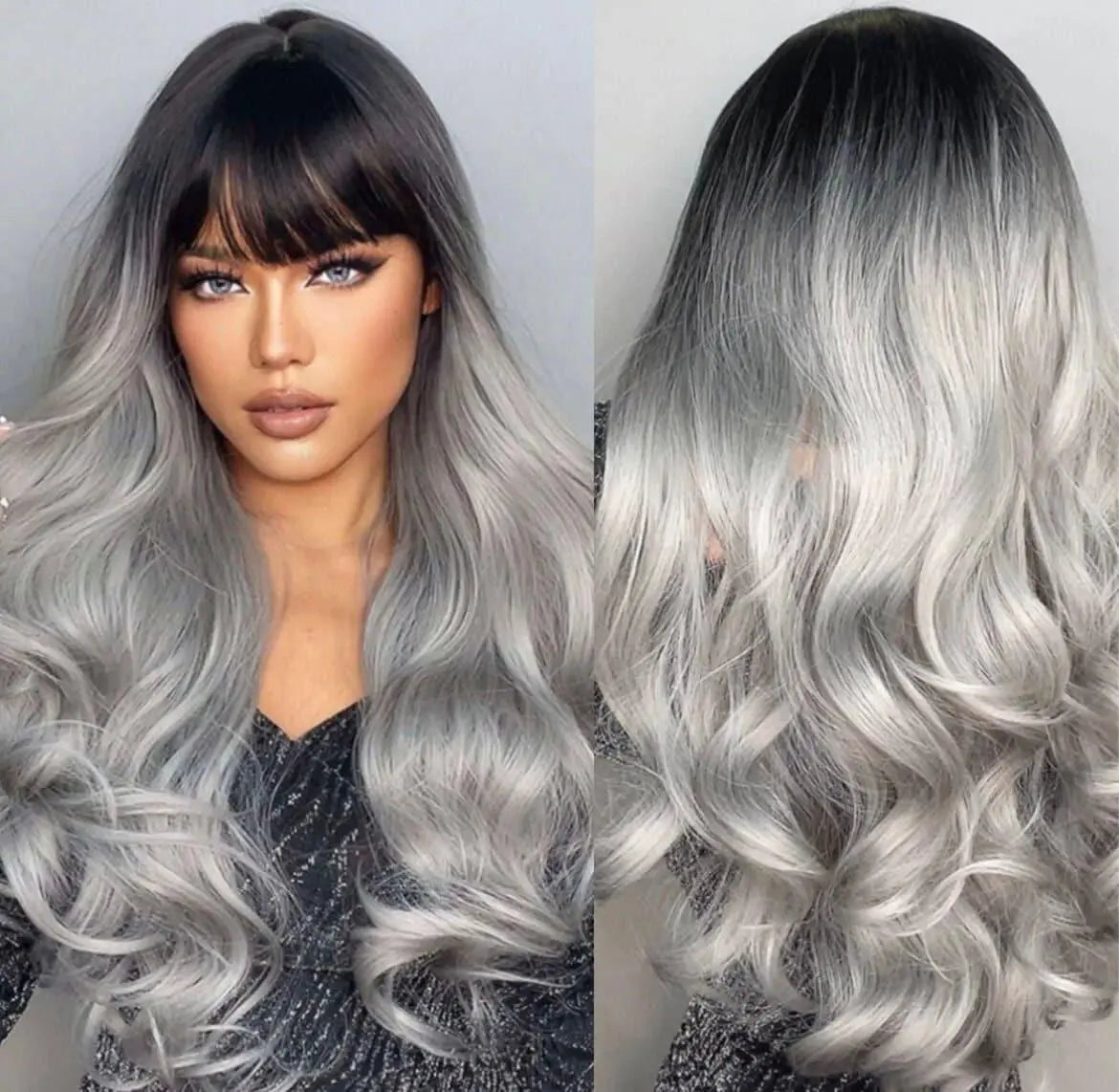 Gray Black Silver Ombre Long Curly Synthetic Wig with bangs - Labelle Boutique Hair