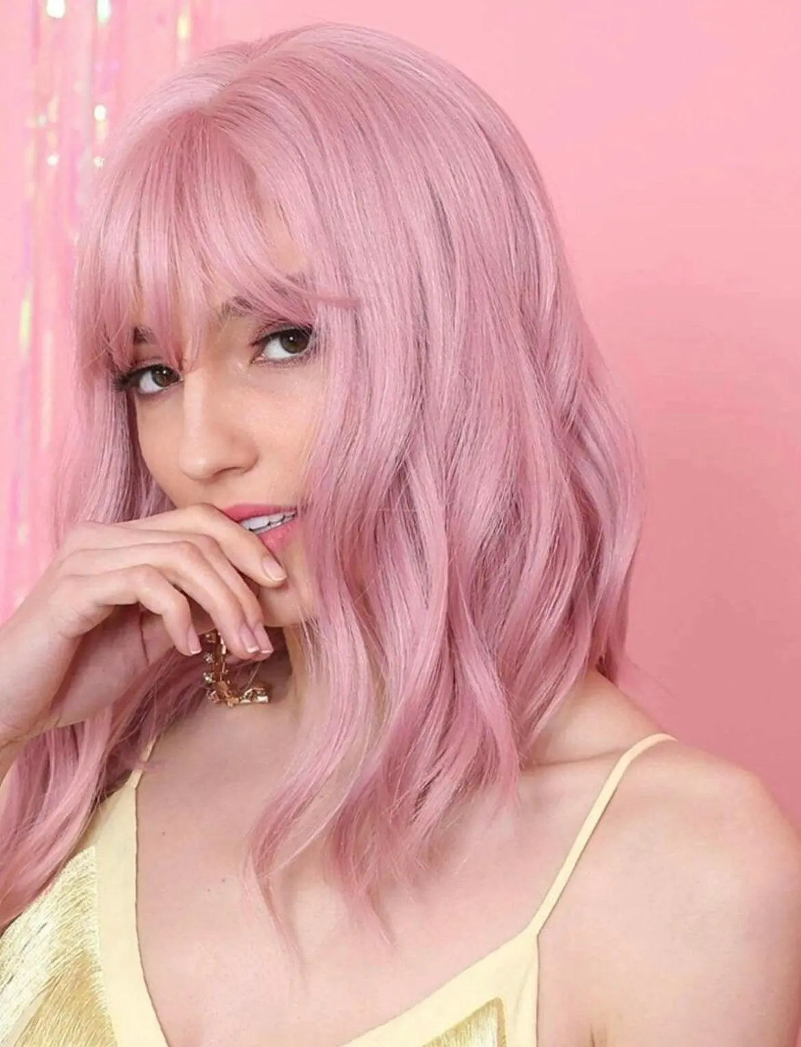 Natural Curly Pink Wig With Bangs Costume Wigs - Labelle Boutique Hair