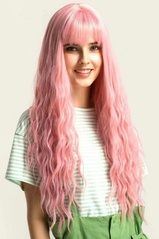 Long Pink Wig with Bangs Natural Wave Wavy Hair Synthetic Wigs - Labelle Boutique Hair