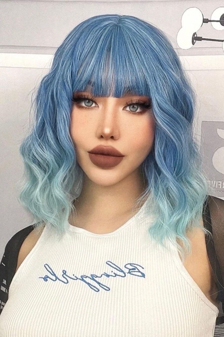 Ombre Medium Curly Synthetic Blue Wig With Bangs Synthetic Wig with Bangs Heat Resistant - Labelle Boutique Hair