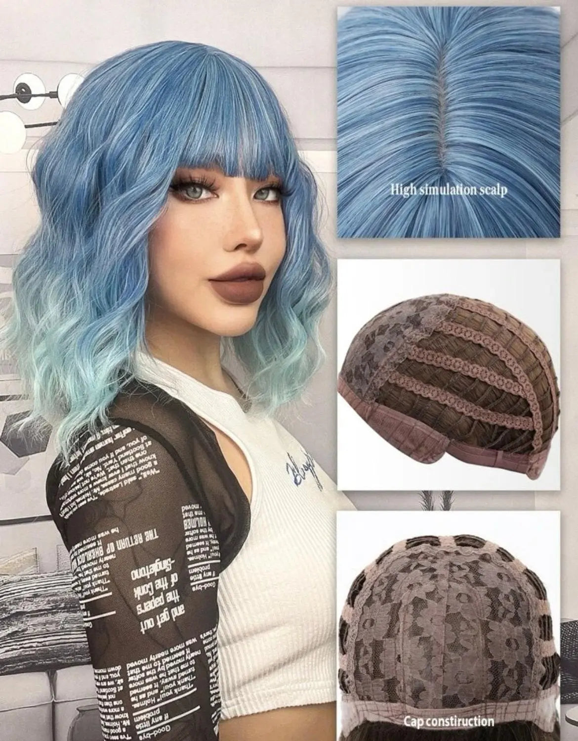 Ombre Medium Curly Synthetic Blue Wig With Bangs Synthetic Wig with Bangs Heat Resistant - Labelle Boutique Hair