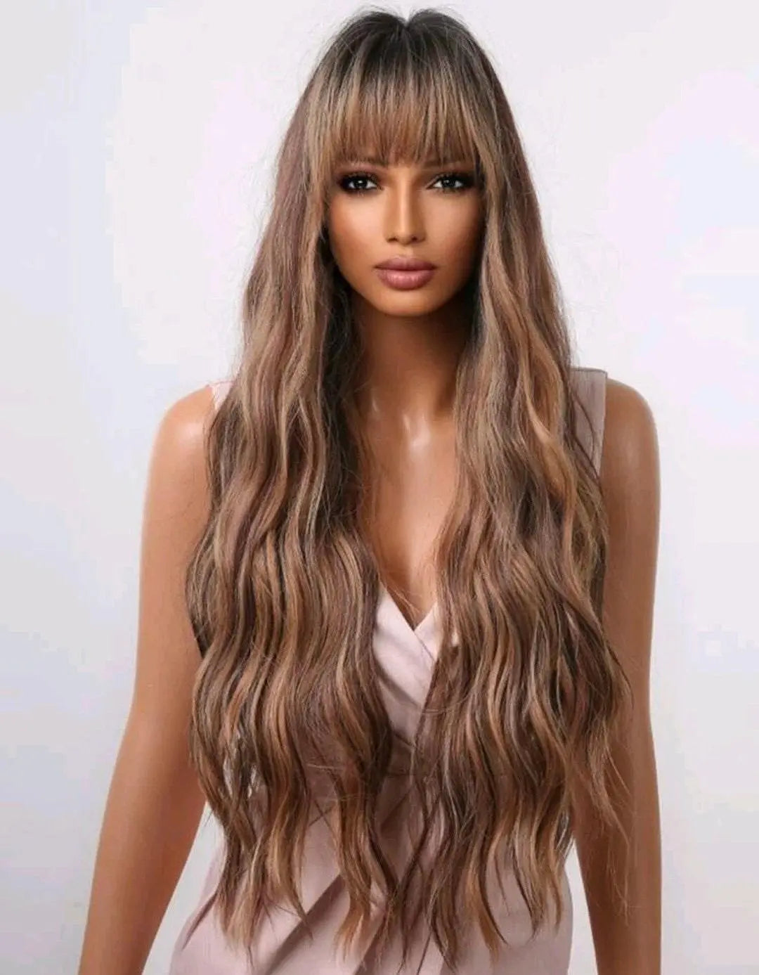 Synthetic Ombre Brown Highlight Wigs Long Curly with Bangs - Labelle Boutique Hair