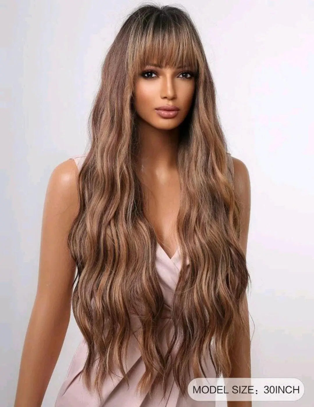 Synthetic Ombre Brown Highlight Wigs Long Curly with Bangs - Labelle Boutique Hair