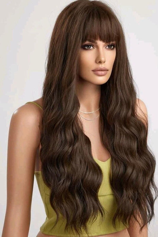 Long Curly Long Brown Natural Wave Wig With Bangs Heat Resistant Synthetic Curly - Labelle Boutique Hair wigs  Long Curly Long Brown Natural Wave Wig With Bangs Heat Resistant Synthetic Curly 