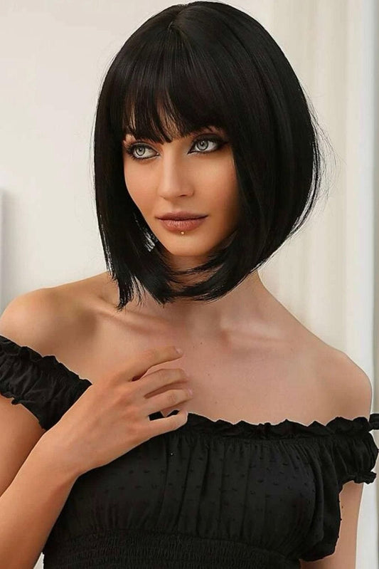 Women Black Medium Length Straight Blunt Cut Fringe Bangs Wig - Labelle Boutique Hair