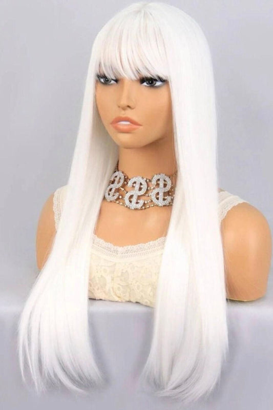 Long Straight Synthetic White Wig With Bangs - Labelle Boutique Hair