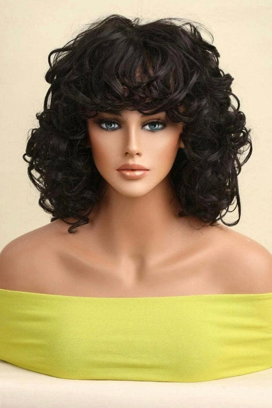 Short Curly Synthetic Black Wig With Bangs - Labelle Boutique Hair