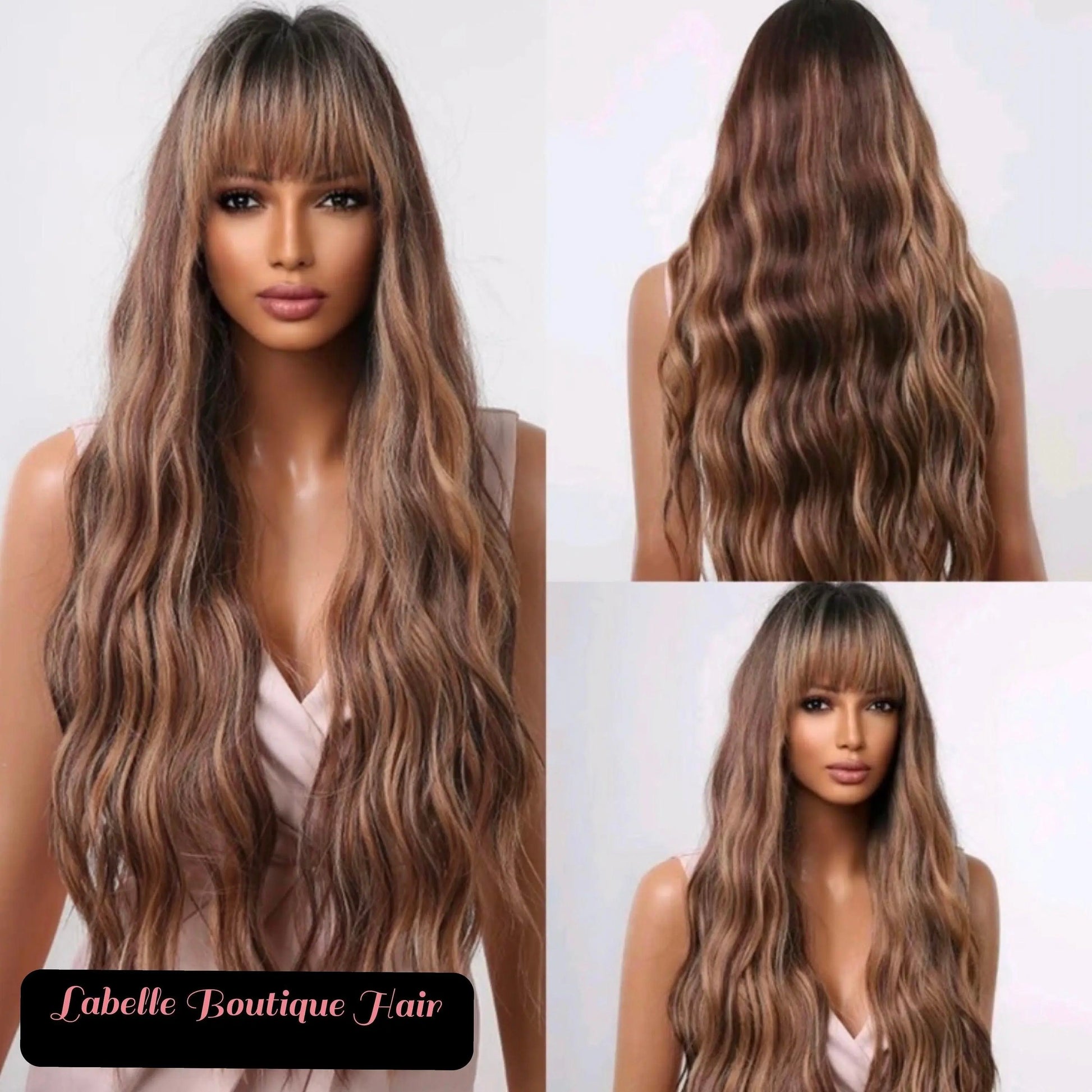 Synthetic Ombre Brown Highlight Wigs Long Curly with Bangs - Labelle Boutique Hair