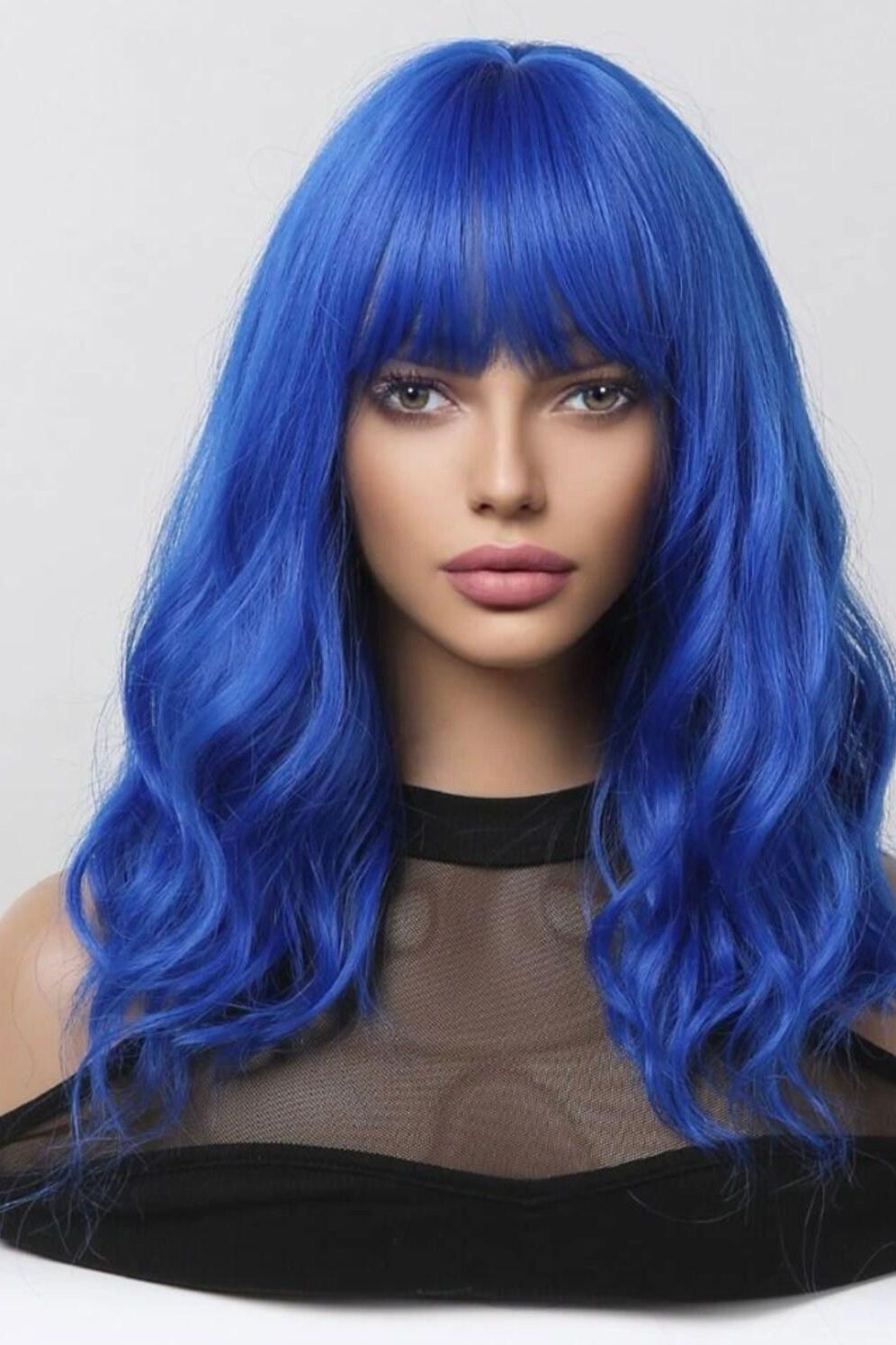 Medium Curly Synthetic Blue Wig With Bangs Cosplay - Labelle Boutique Hair