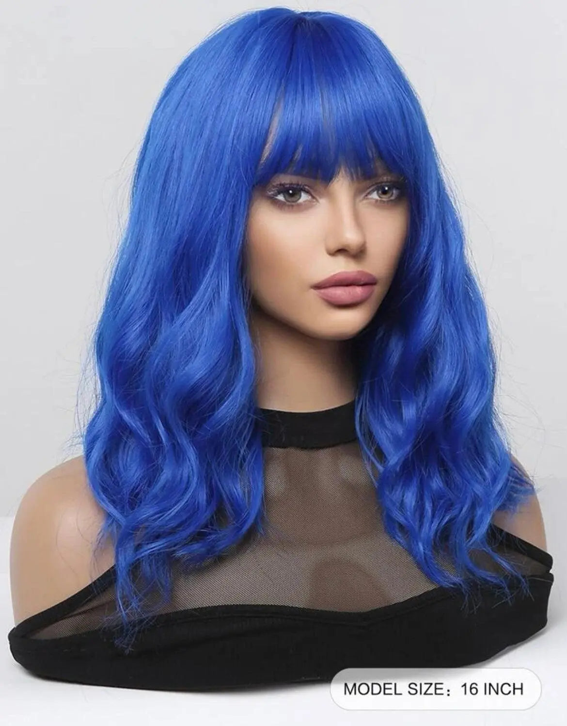 Medium Curly Synthetic Blue Wig With Bangs Cosplay - Labelle Boutique Hair