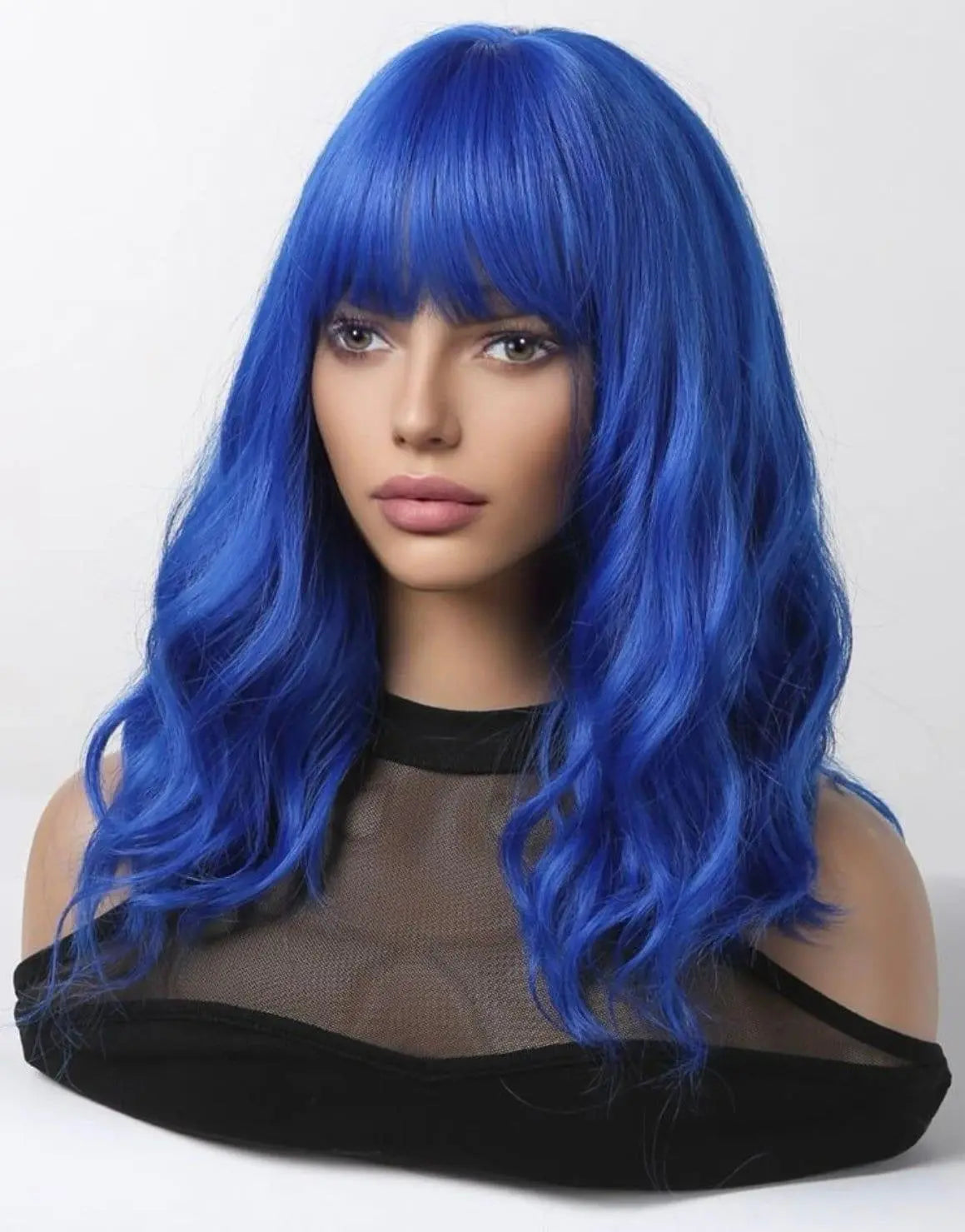 Medium Curly Synthetic Blue Wig With Bangs Cosplay - Labelle Boutique Hair