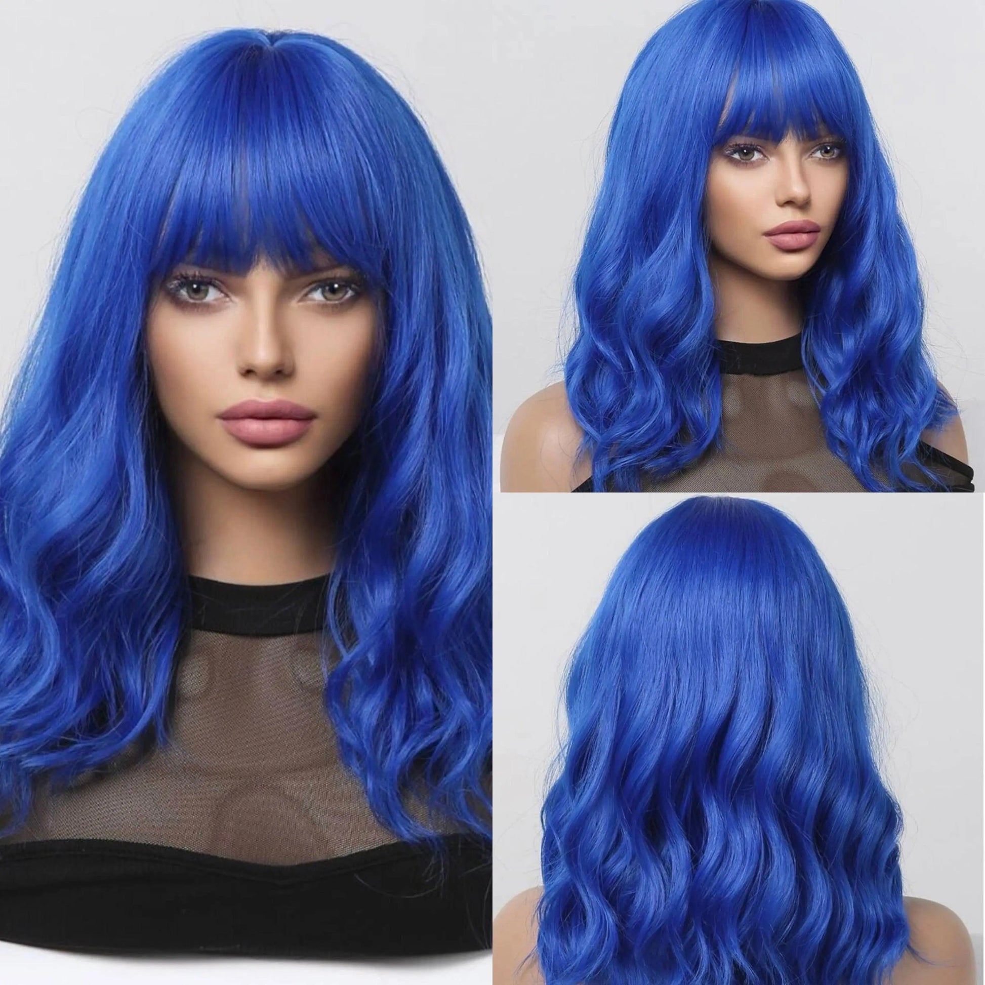 Medium Curly Synthetic Blue Wig With Bangs Cosplay - Labelle Boutique Hair