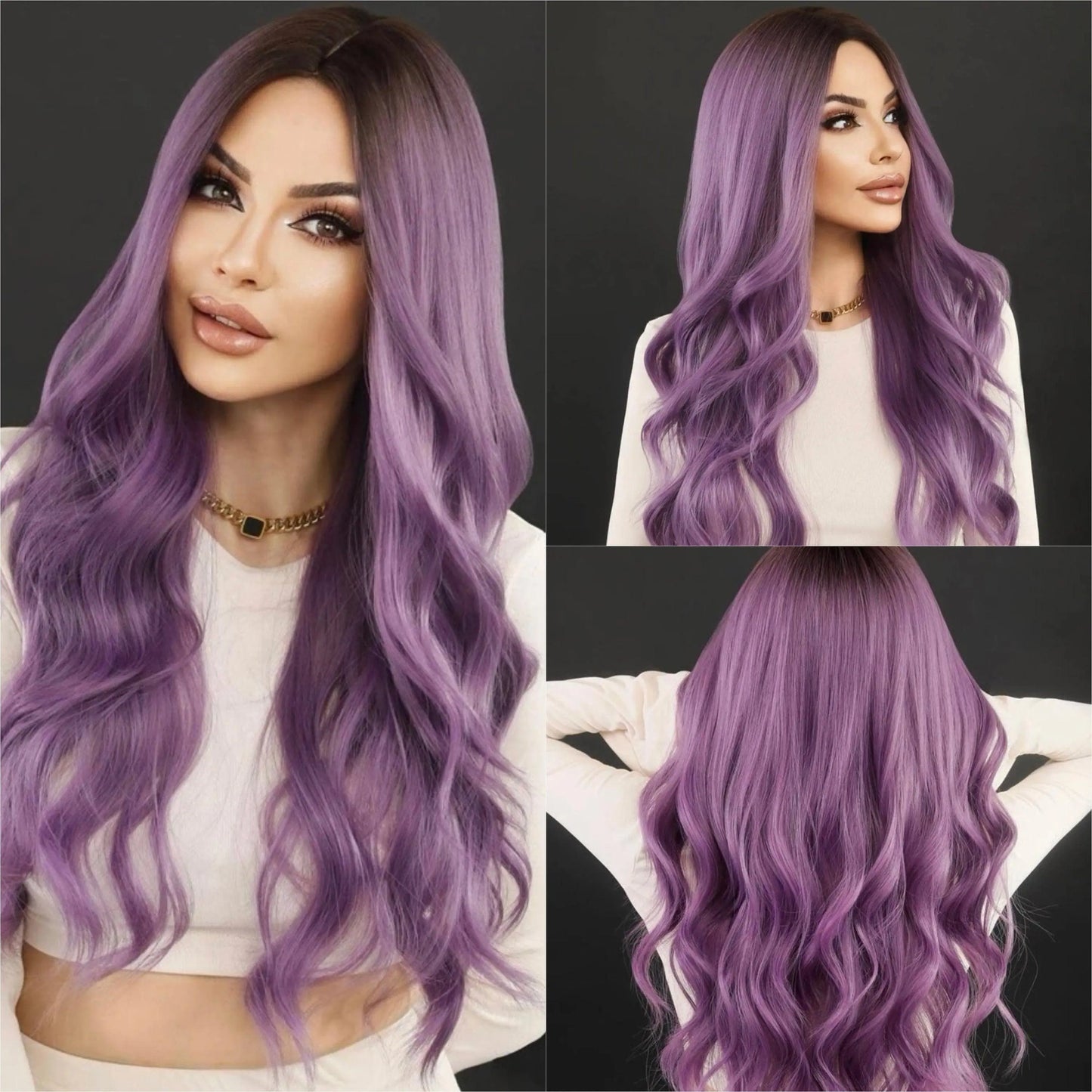 Great quality natural long purple curly synthetic wig - Labelle Boutique Hair