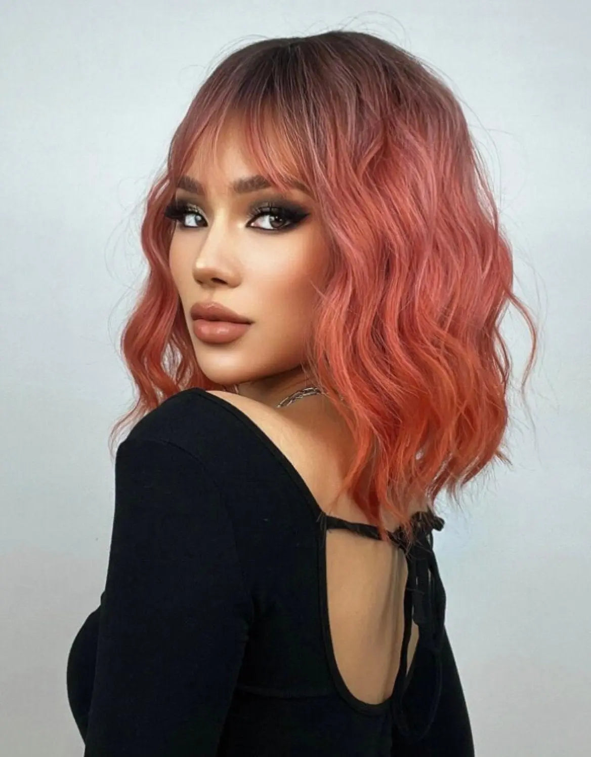 Ombre Short Curly Synthetic Pink Wig With Bangs - Labelle Boutique Hair