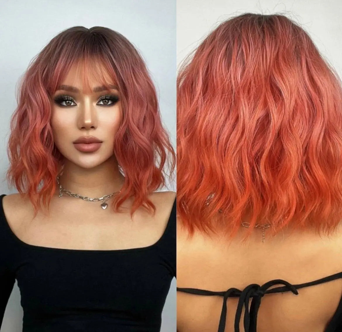 Ombre Short Curly Synthetic Pink Wig With Bangs - Labelle Boutique Hair