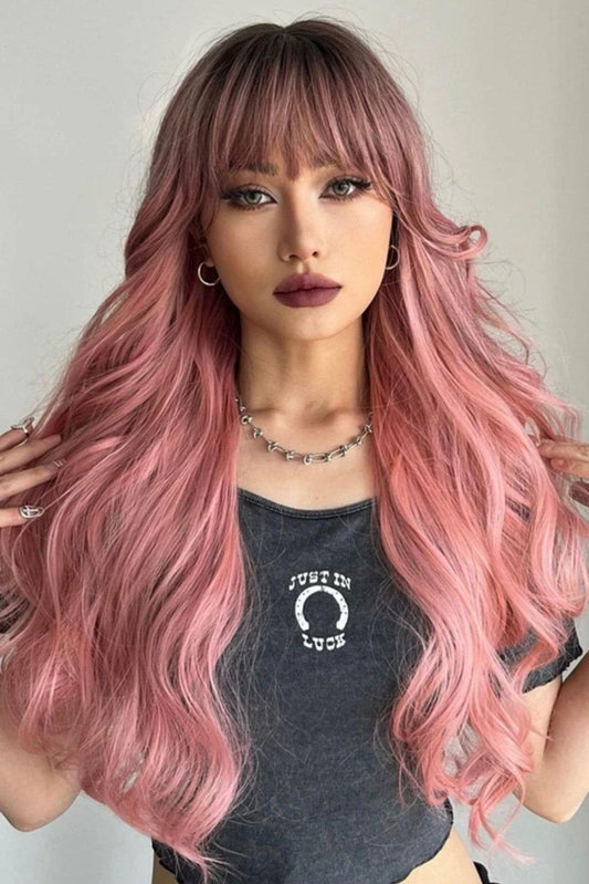 Long Body Wave Synthetic Pink Wig With Bangs - Labelle Boutique Hair