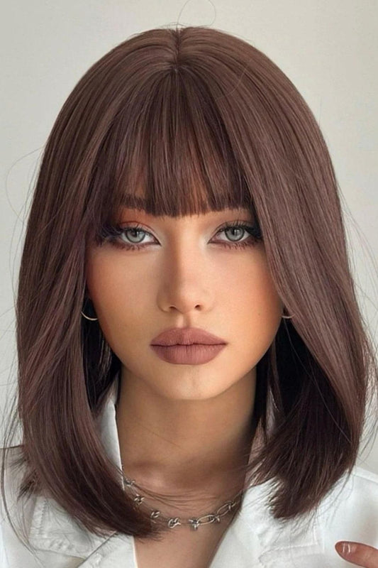 Short Brown Straight Synthetic Wig With Bangs - Labelle Boutique Hair