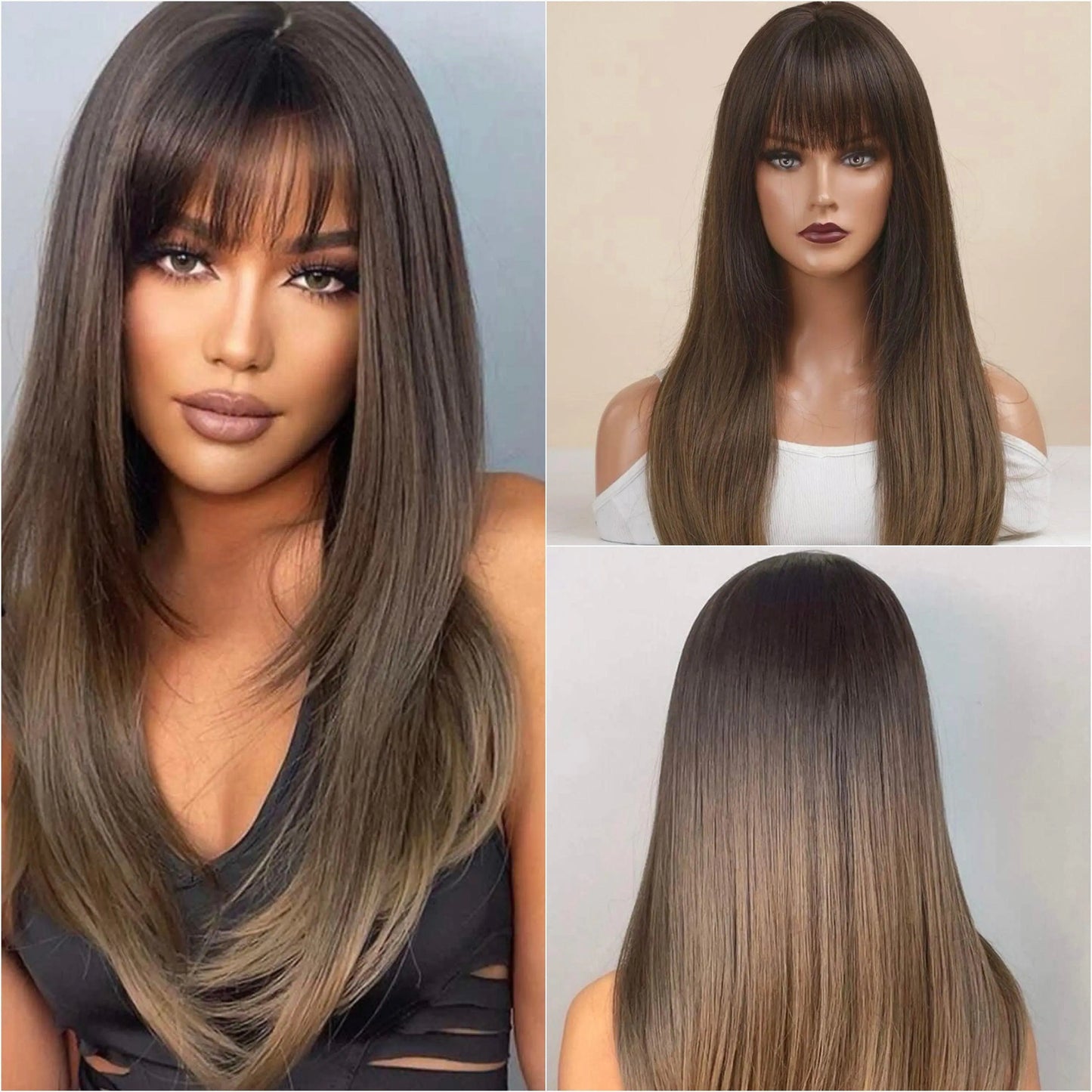 Ombre Long Straight Synthetic Wig With Bangs - Labelle Boutique Hair