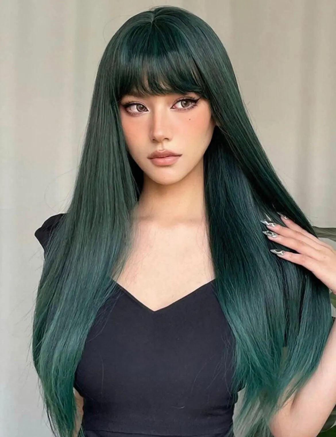 Long Green Straight Synthetic Wig With Bangs - Labelle Boutique Hair