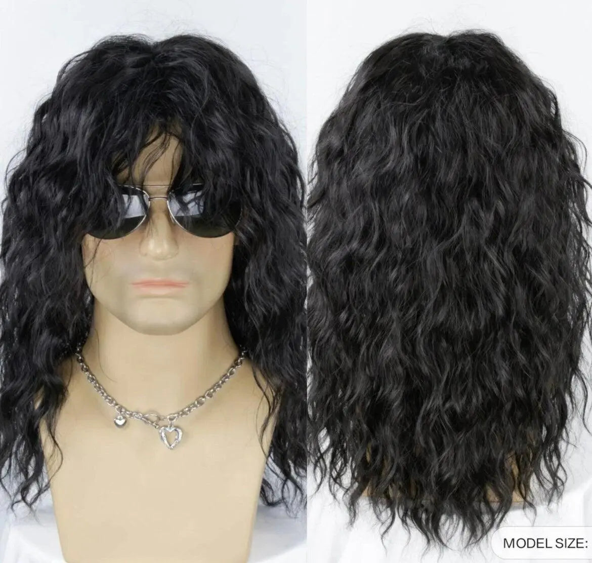 Men Medium Curly Synthetic Black Wig With Bangs - Labelle Boutique Hair