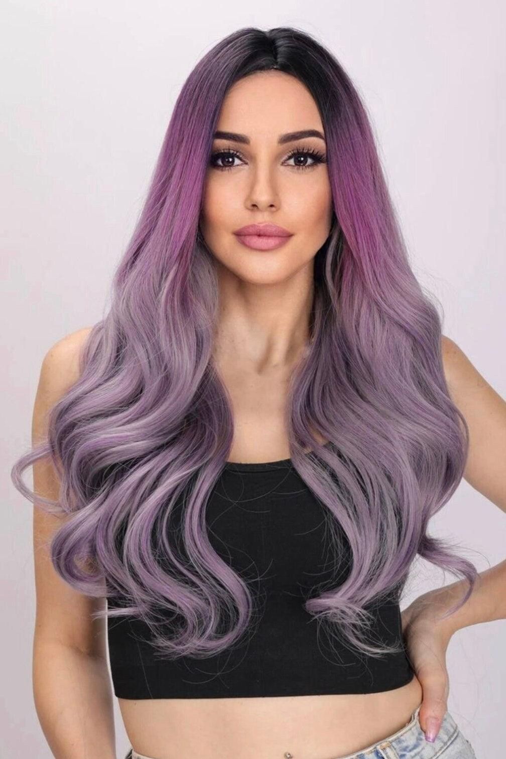 Ombre Long Curly Synthetic Purple Wig - Labelle Boutique Hair