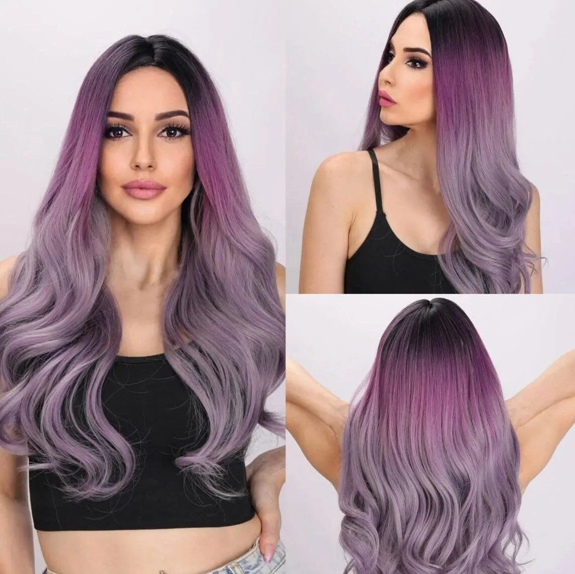 Ombre Long Curly Synthetic Purple Wig - Labelle Boutique Hair