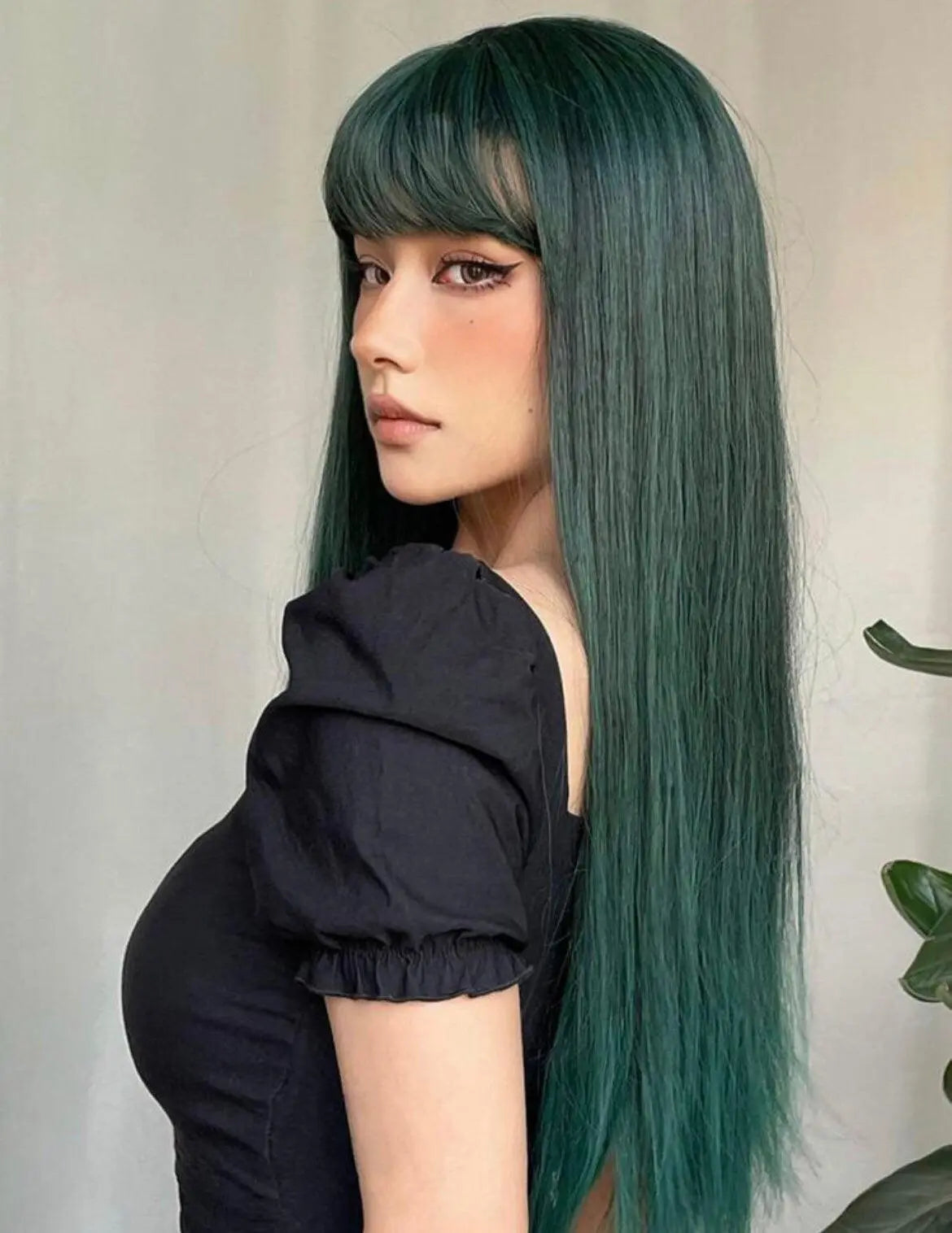 Long Green Straight Synthetic Wig With Bangs - Labelle Boutique Hair