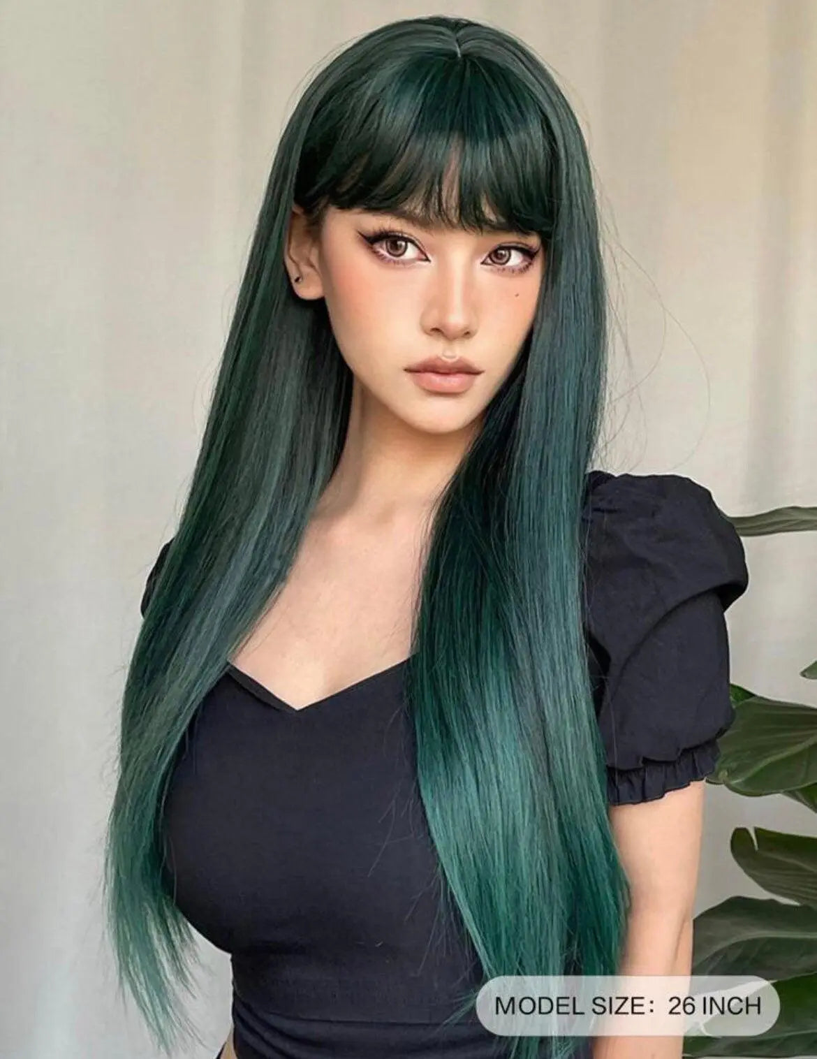 Long Green Straight Synthetic Wig With Bangs - Labelle Boutique Hair