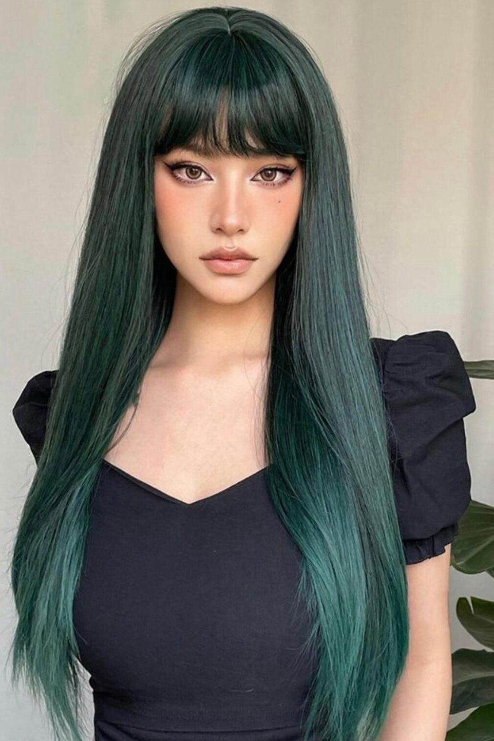 Long Green Straight Synthetic Wig With Bangs - Labelle Boutique Hair