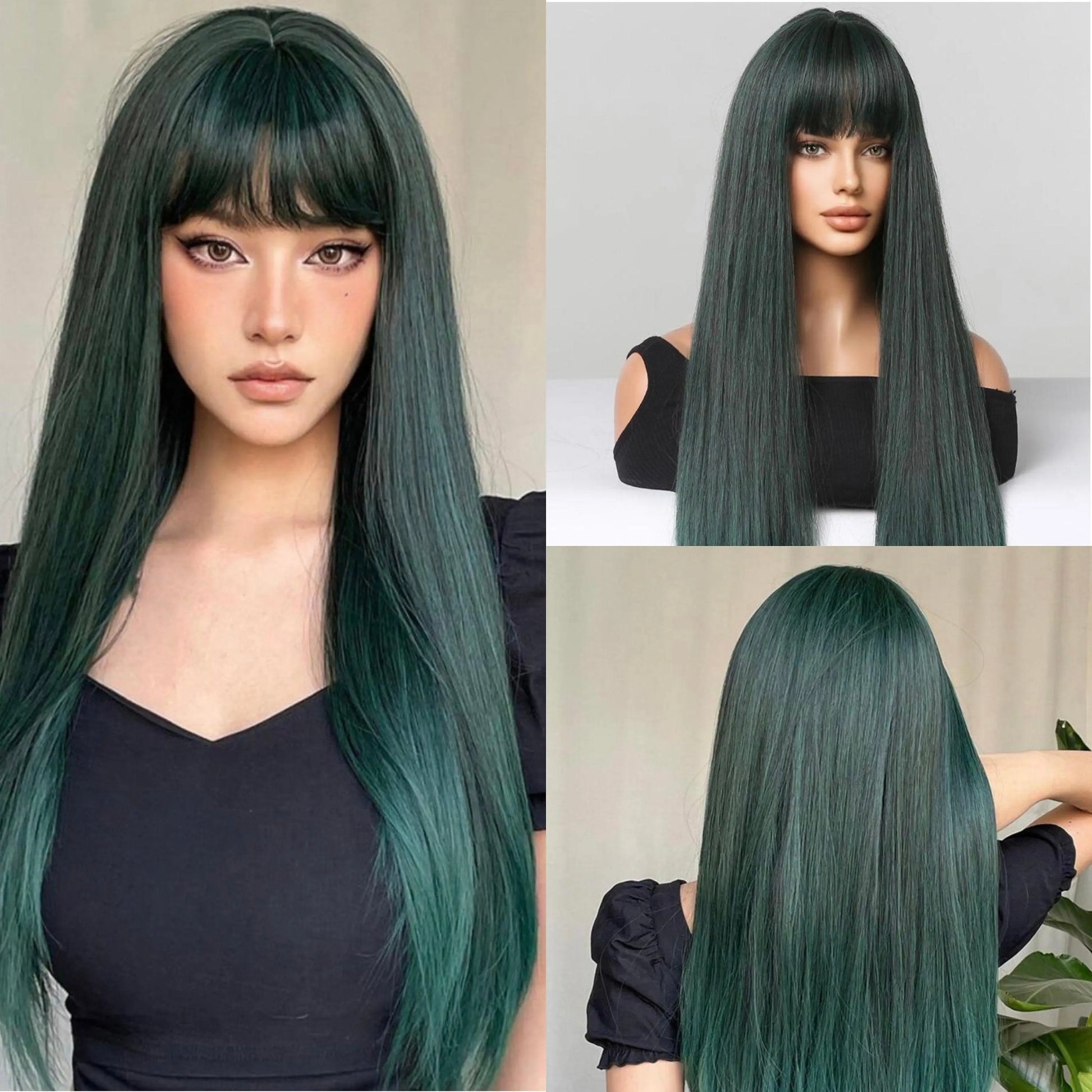 Long Green Straight Synthetic Wig With Bangs - Labelle Boutique Hair