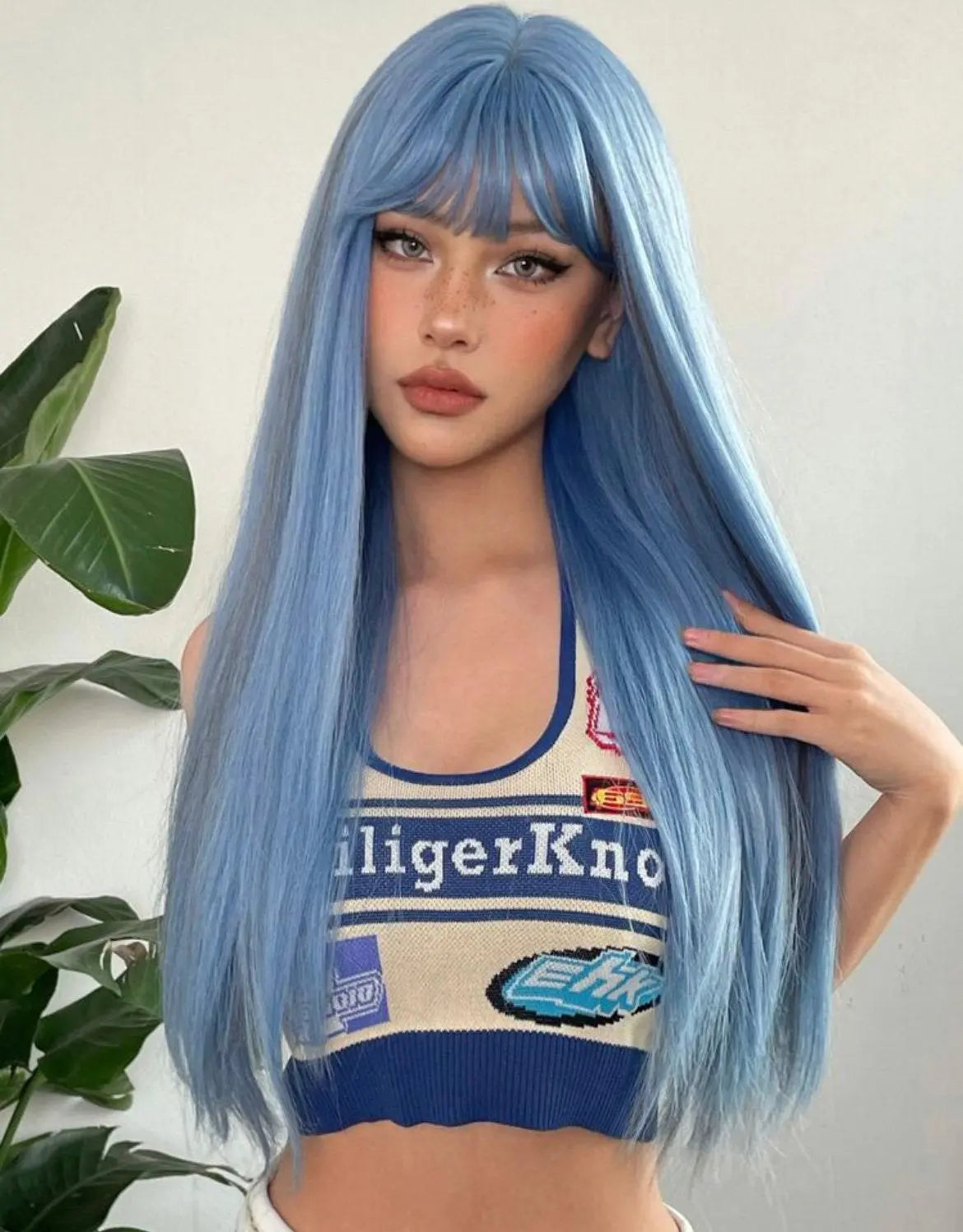 Long Blue Wig Straight Synthetic Wig With Bangs - Labelle Boutique Hair