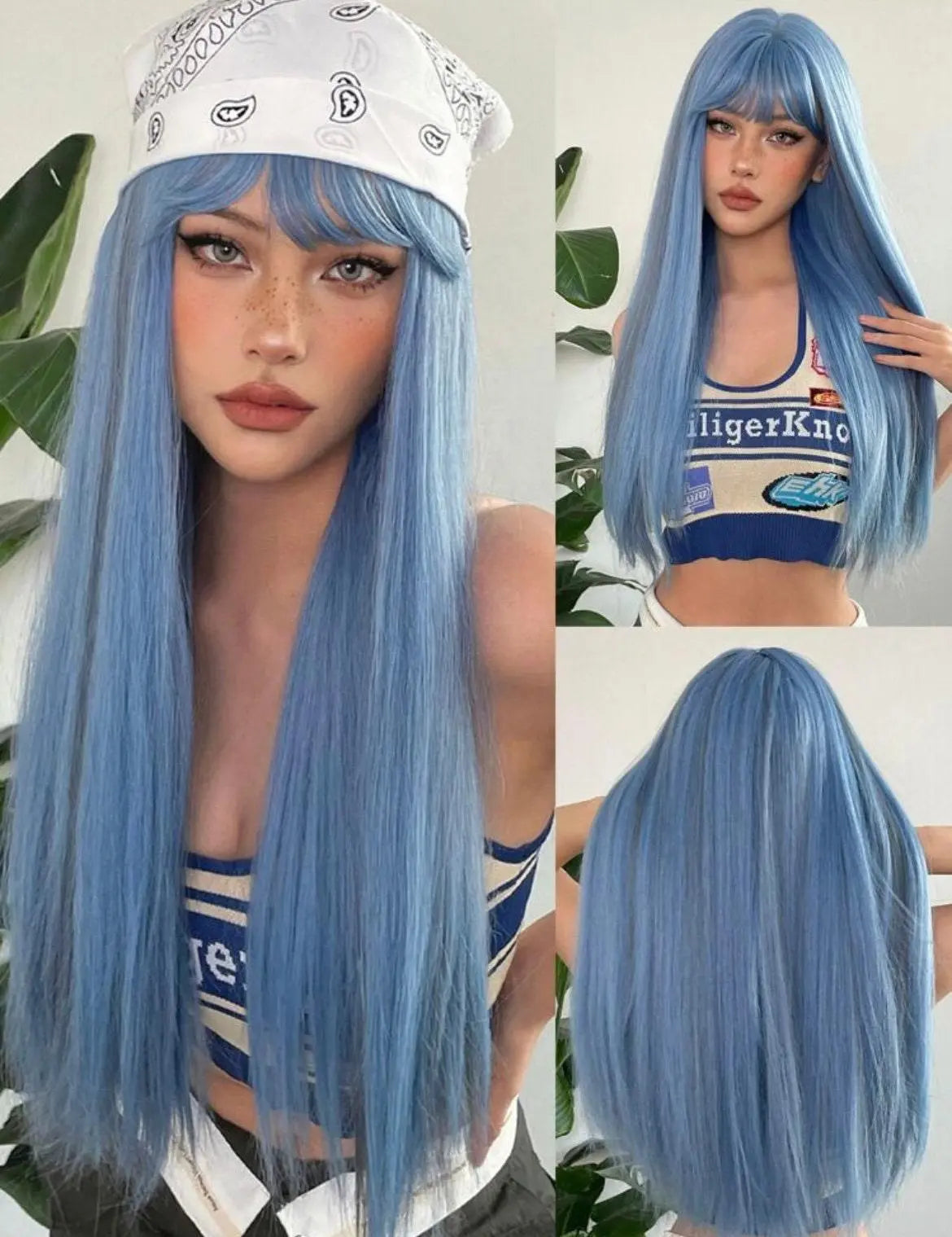 Long Blue Wig Straight Synthetic Wig With Bangs - Labelle Boutique Hair