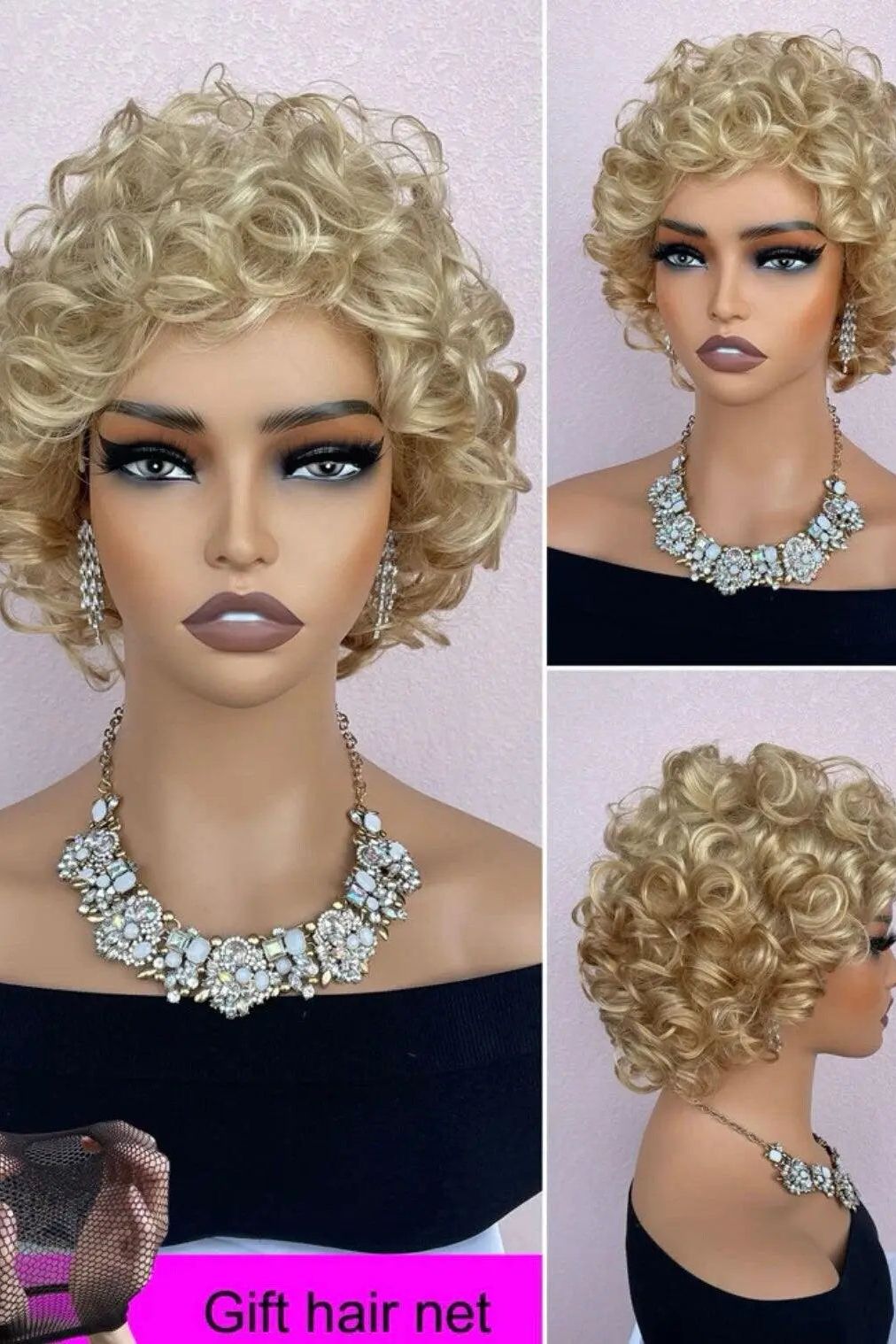 Short Curly Blonde Synthetic Hair Wig With Bangs - Labelle Boutique Hair   Short Curly Blonde Synthetic Hair Wig With Bangs 