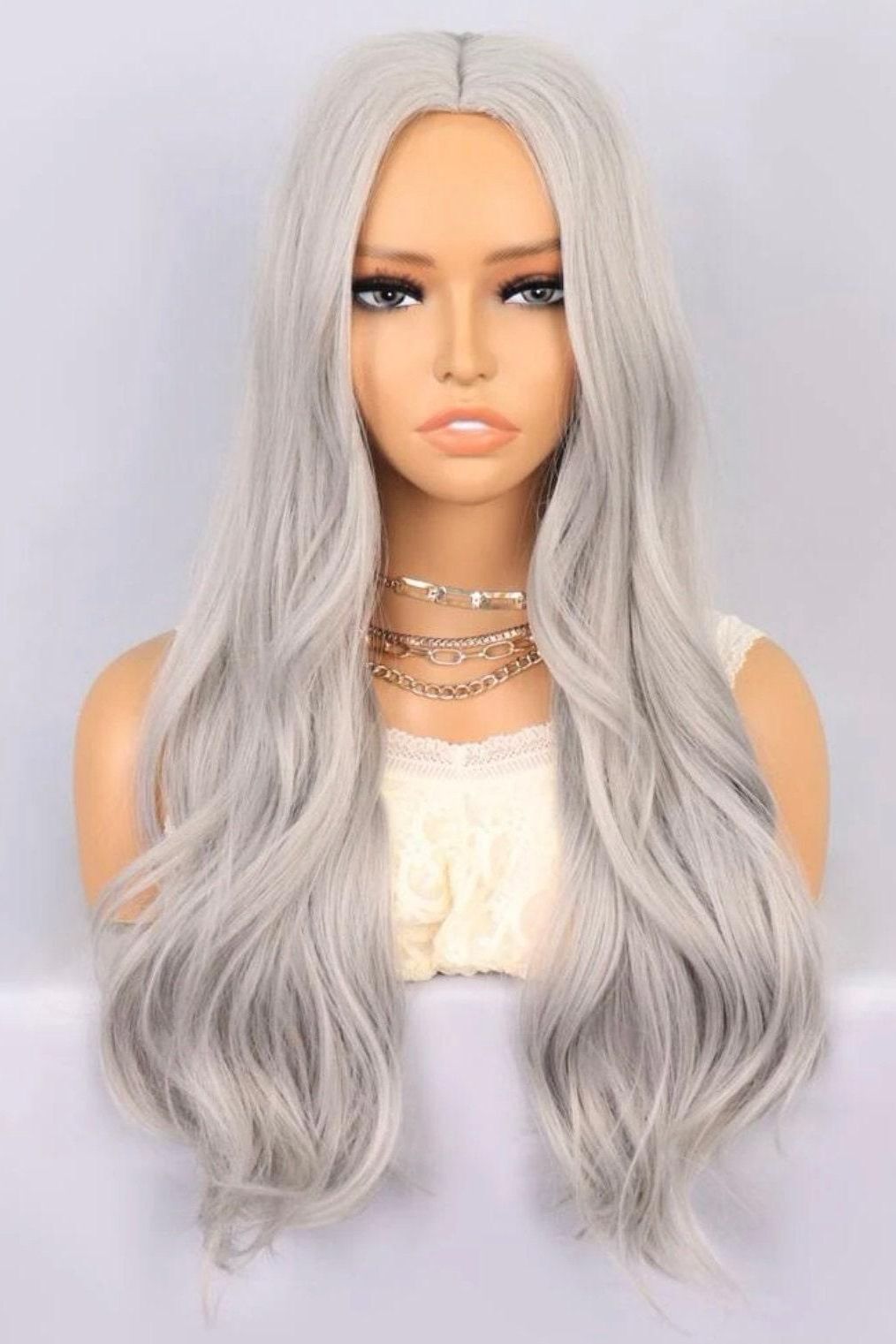 Blonde Highlight Gray Wig with Bangs Long Wavy Synthetic Wig - Labelle Boutique Hair