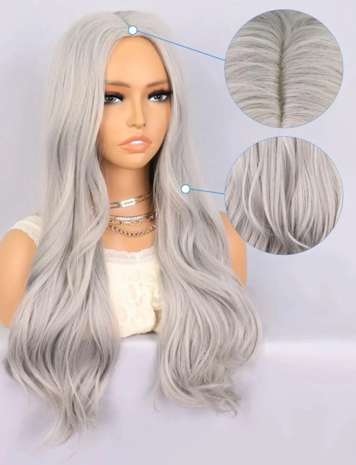 Blonde Highlight Gray Wig with Bangs Long Wavy Synthetic Wig - Labelle Boutique Hair