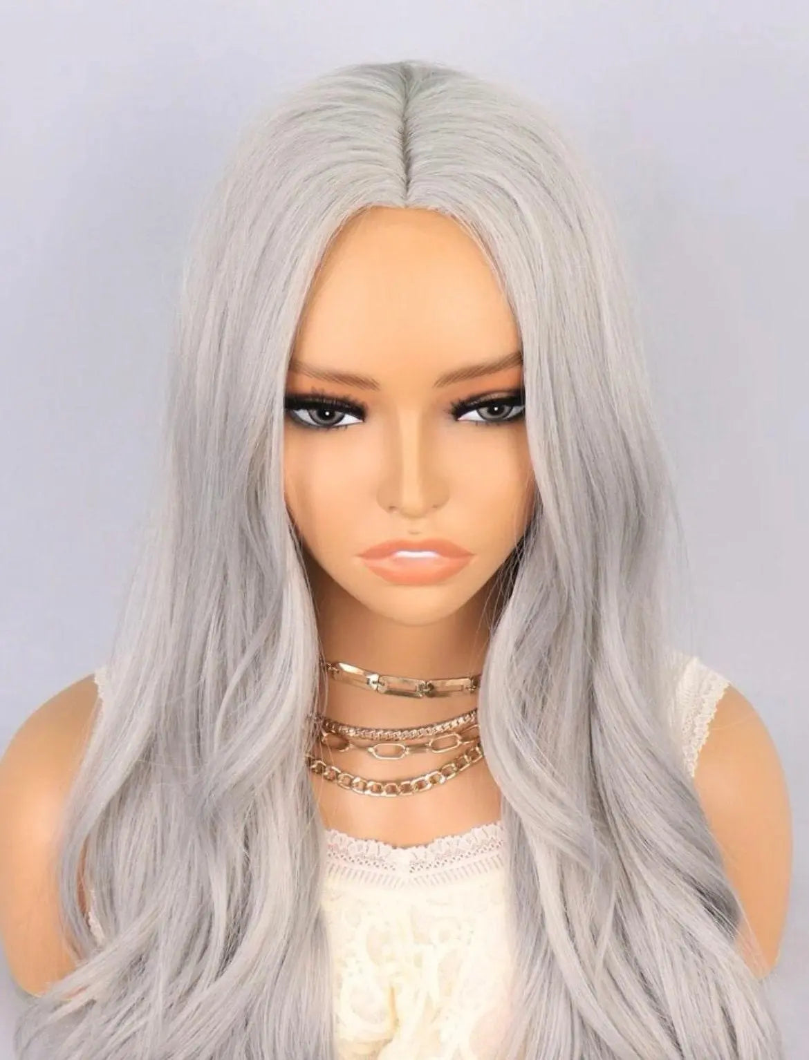 Blonde Highlight Gray Wig with Bangs Long Wavy Synthetic Wig - Labelle Boutique Hair