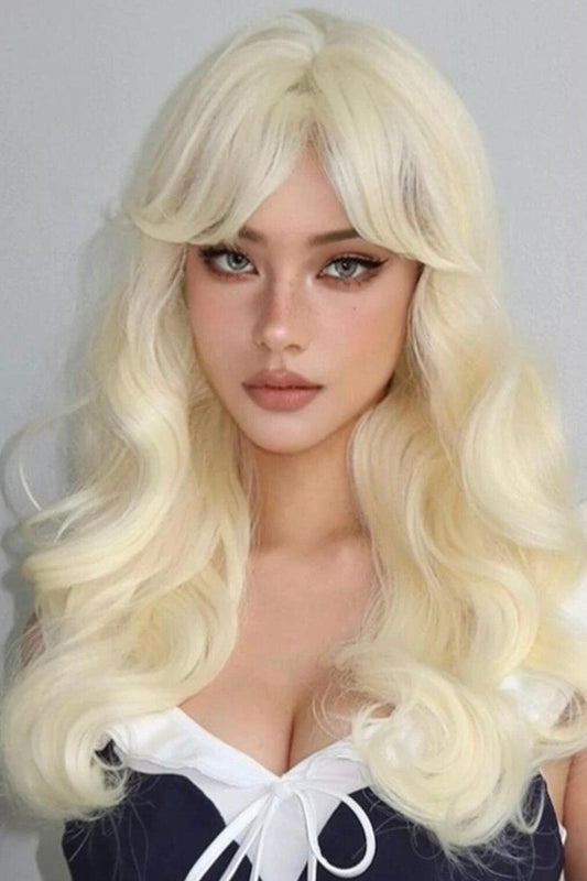 Long Curly Blonde Synthetic Wigs with Bangs Natural Looking Cosplay Wedding - Labelle Boutique Hair