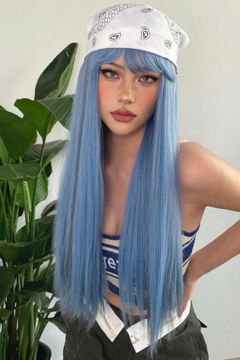 Long Blue Wig Straight Synthetic Wig With Bangs - Labelle Boutique Hair