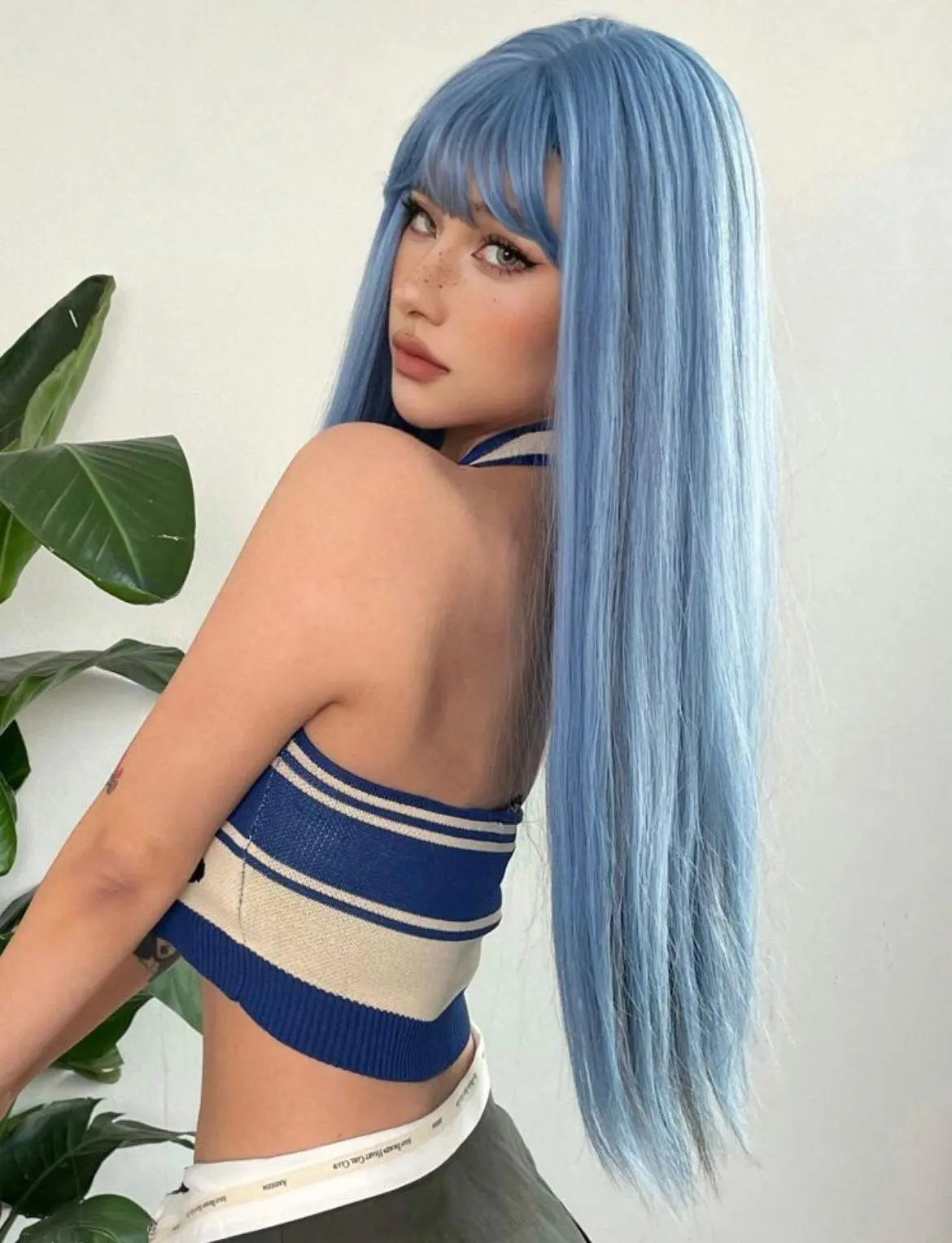 Long Blue Wig Straight Synthetic Wig With Bangs - Labelle Boutique Hair