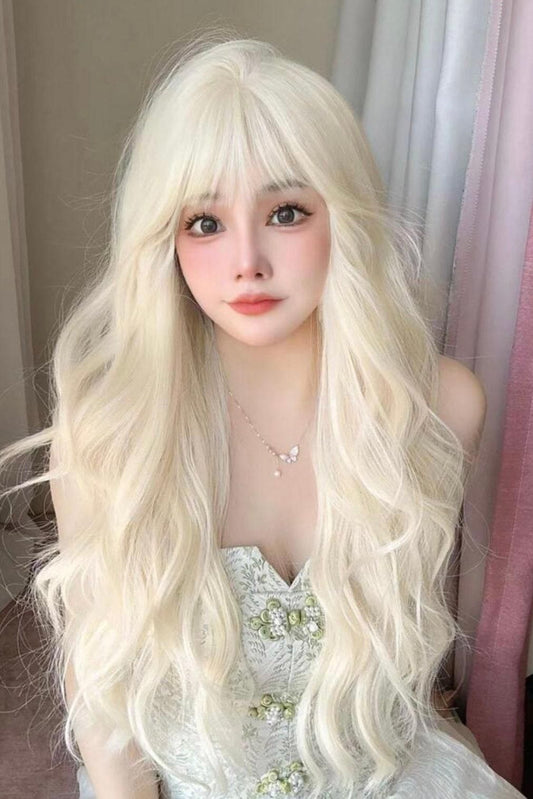 Long Natural Wave in White Gold Wigs with Bangs - Labelle Boutique Hair wigs  Long Natural Wave in White Gold Wigs with Bangs 