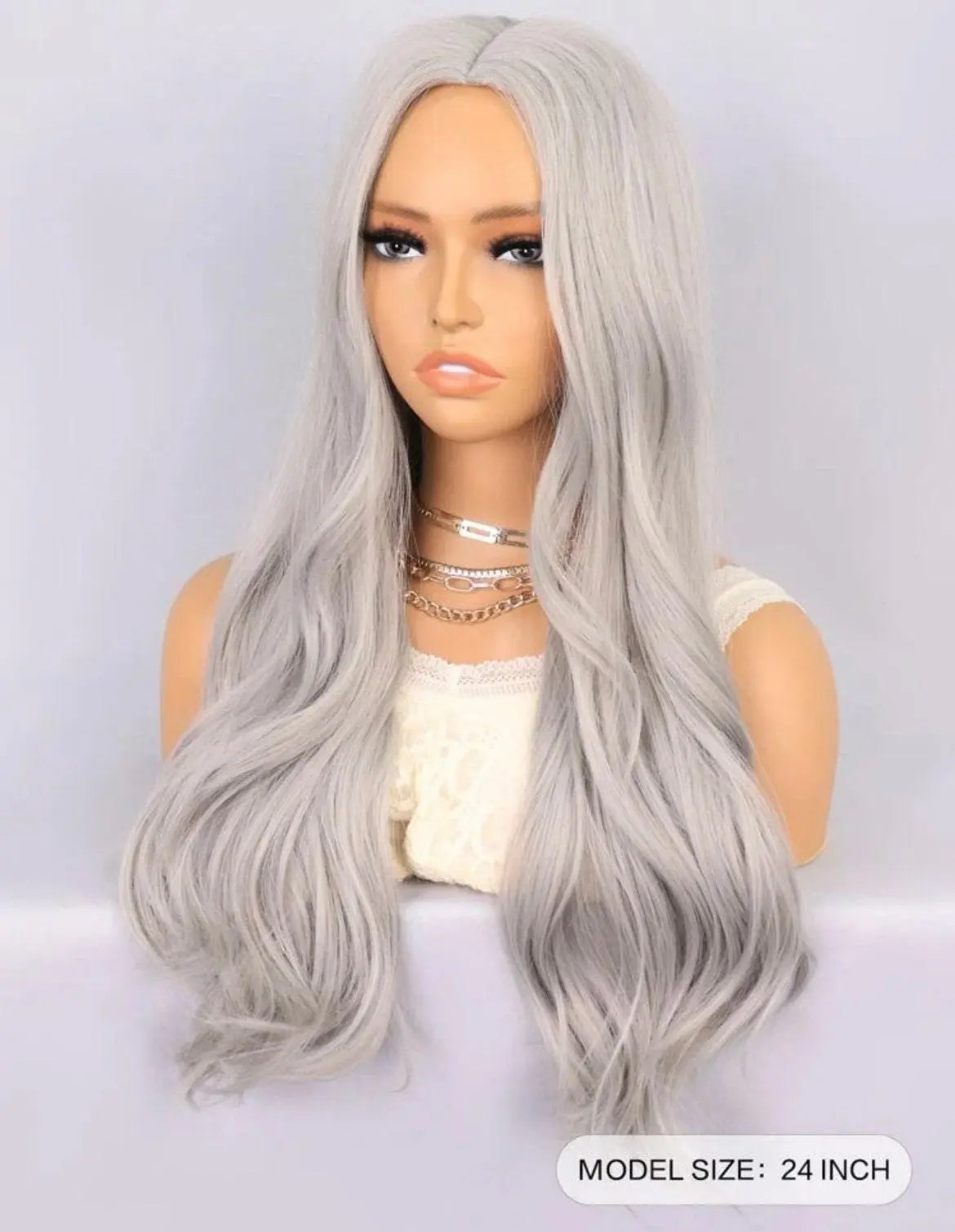 Blonde Highlight Gray Wig with Bangs Long Wavy Synthetic Wig - Labelle Boutique Hair