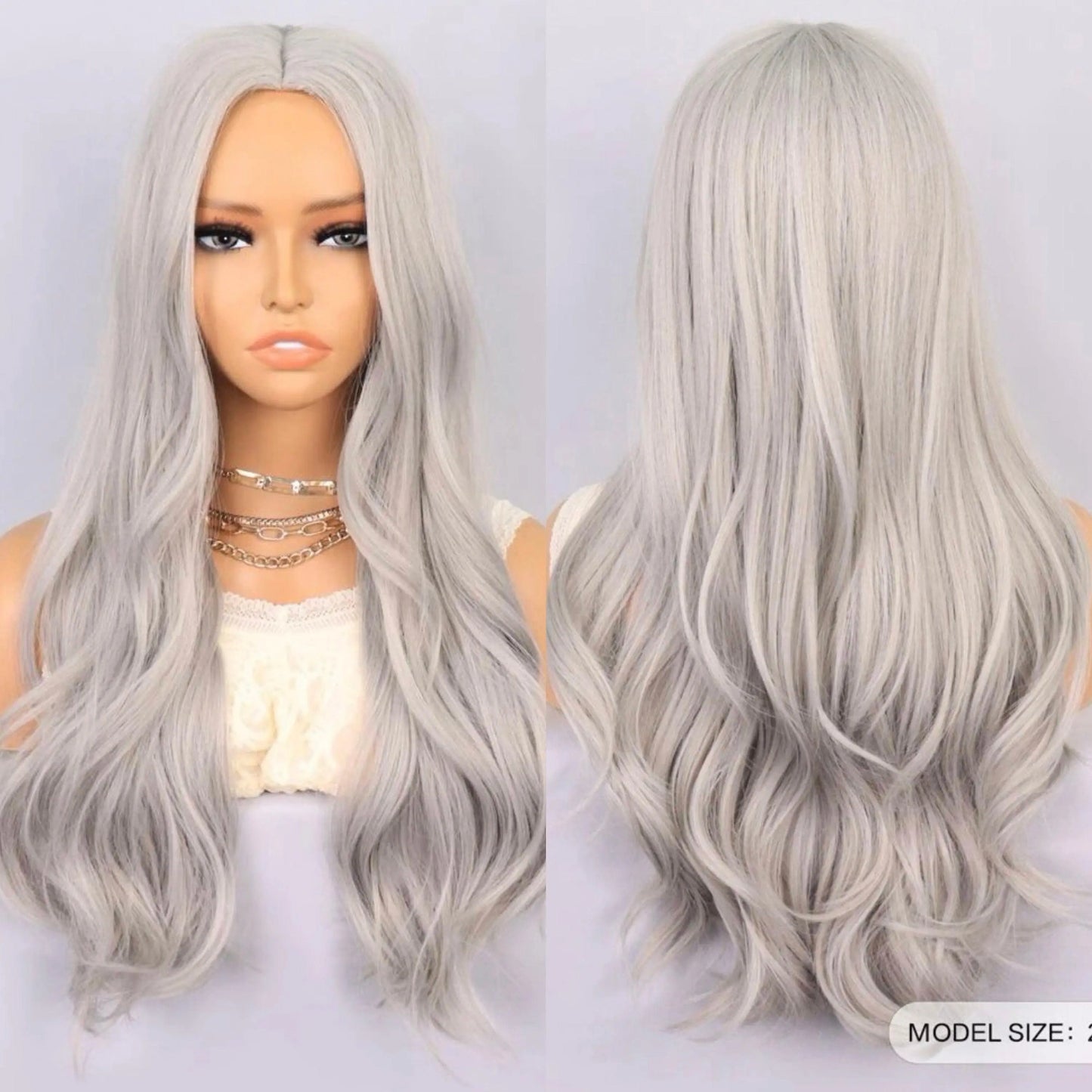 Blonde Highlight Gray Wig with Bangs Long Wavy Synthetic Wig - Labelle Boutique Hair