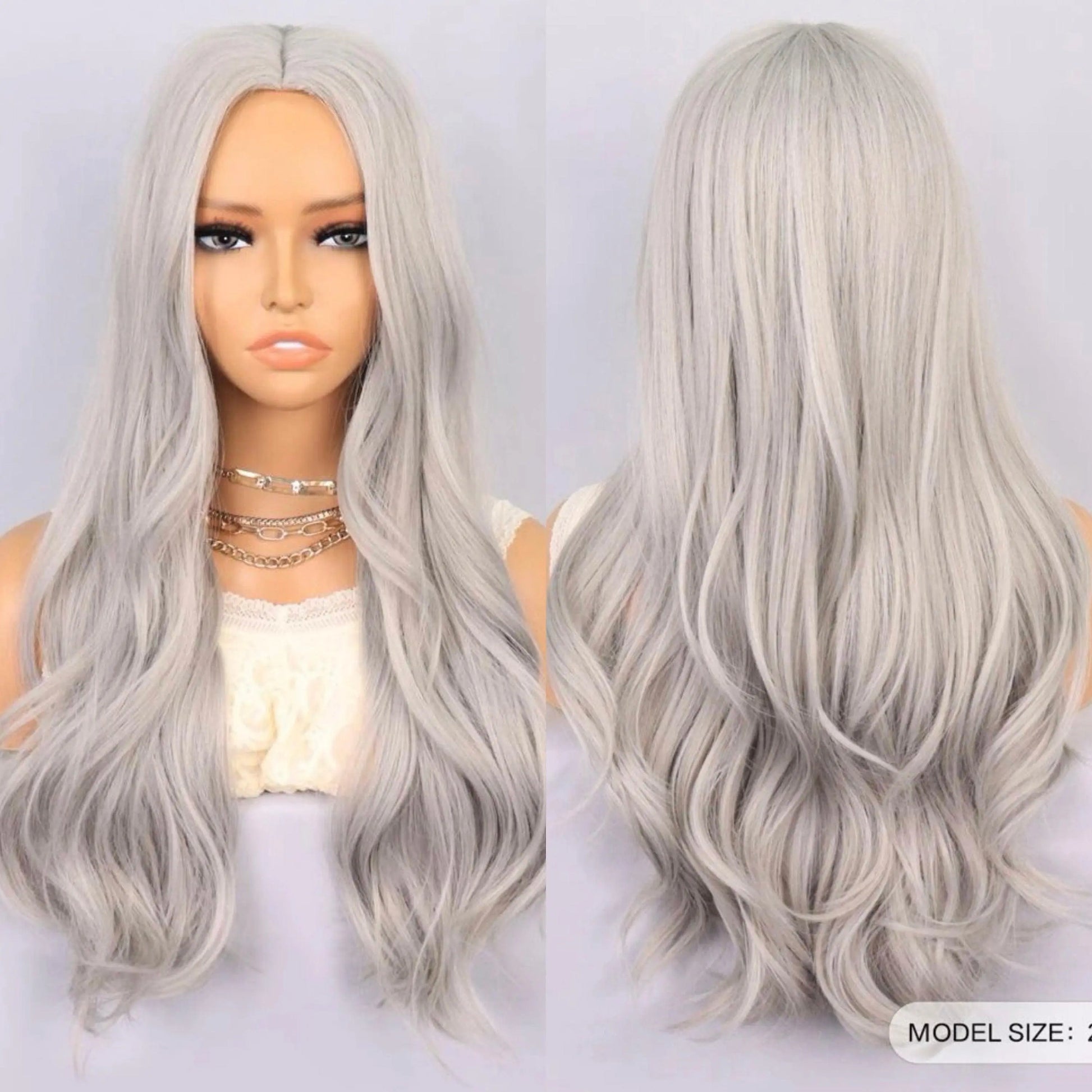 Blonde Highlight Gray Wig with Bangs Long Wavy Synthetic Wig - Labelle Boutique Hair