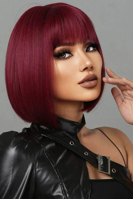 Short Straight Hair Wig for Women Wine Red Claret Synthetic Wig with Bangs Bob Wigs - Labelle Boutique Hair