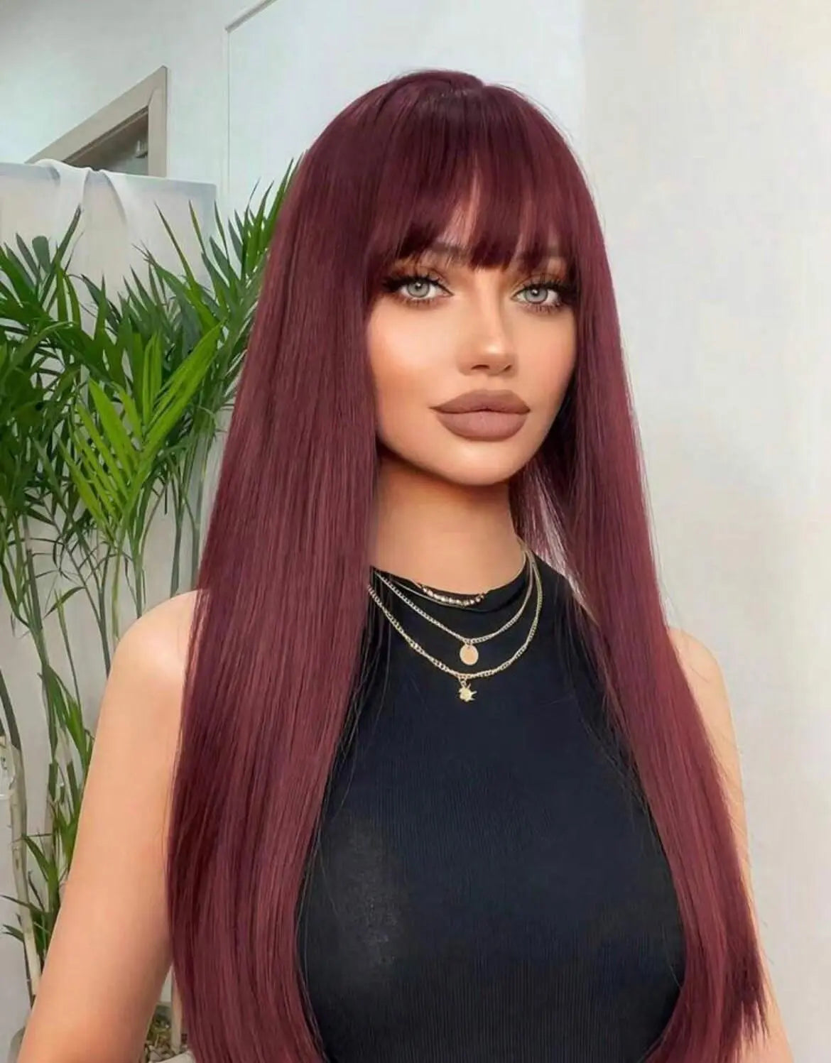 Long Red Straight Synthetic Wig With Bangs - Labelle Boutique Hair