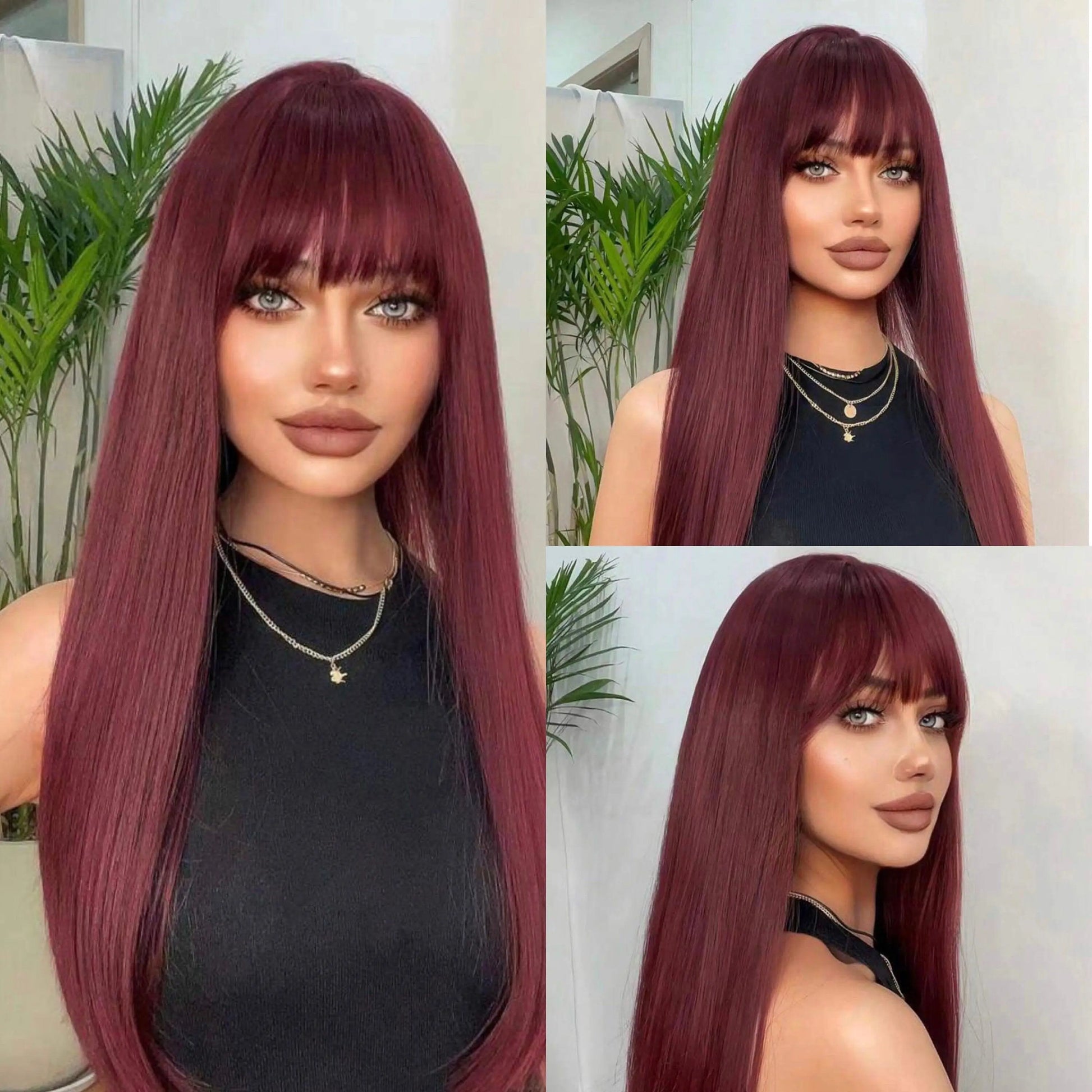 Long Red Straight Synthetic Wig With Bangs - Labelle Boutique Hair