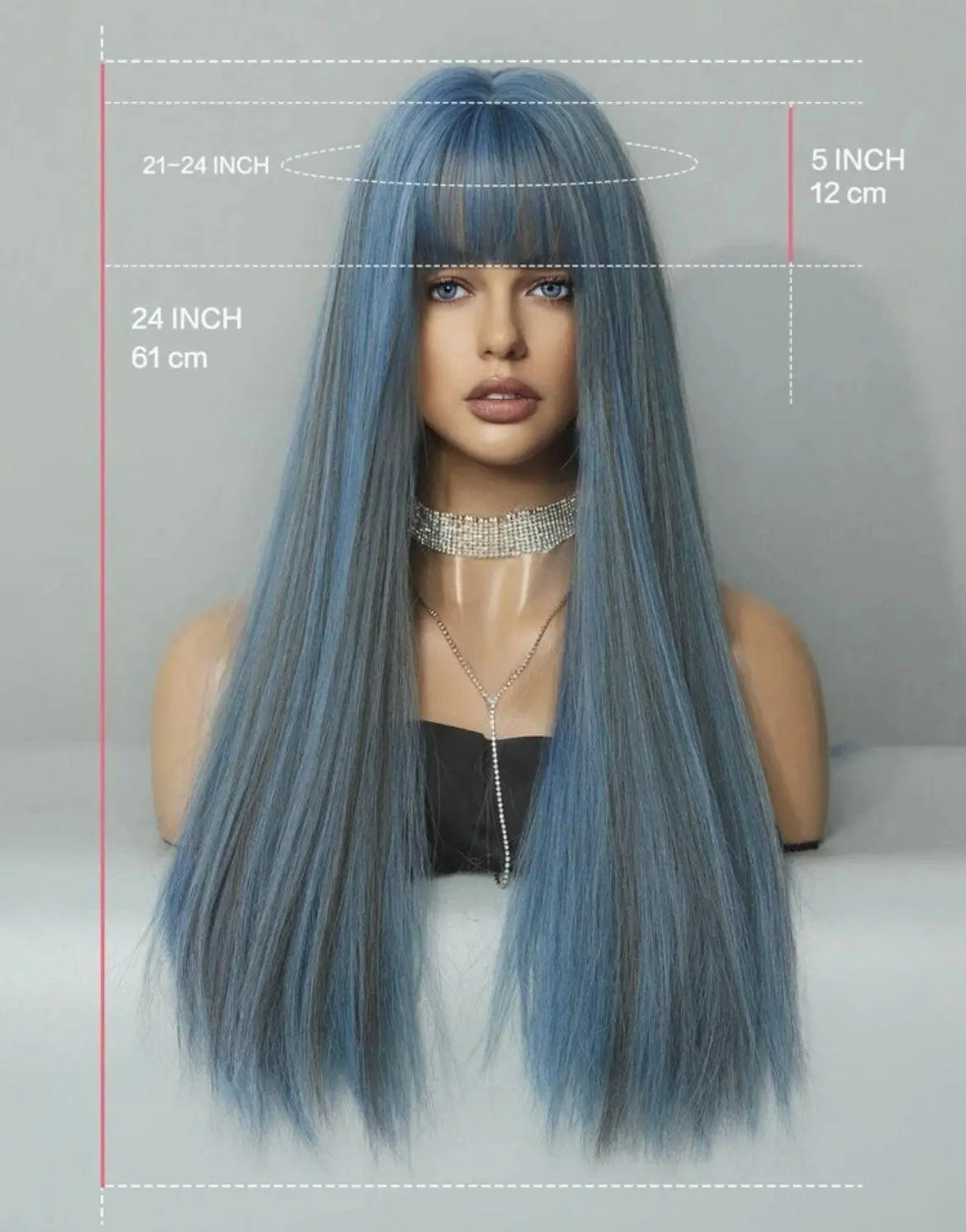 Wigs Long Straight Blue Wig With Bangs Highlight Ash Synthetic Wigs for Woman Wonder Girl Hair Daily Party Halloween Cosplay 24 Inch - Labelle Boutique Hair