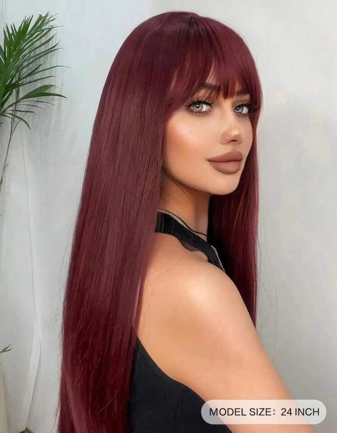 Long Red Straight Synthetic Wig With Bangs - Labelle Boutique Hair