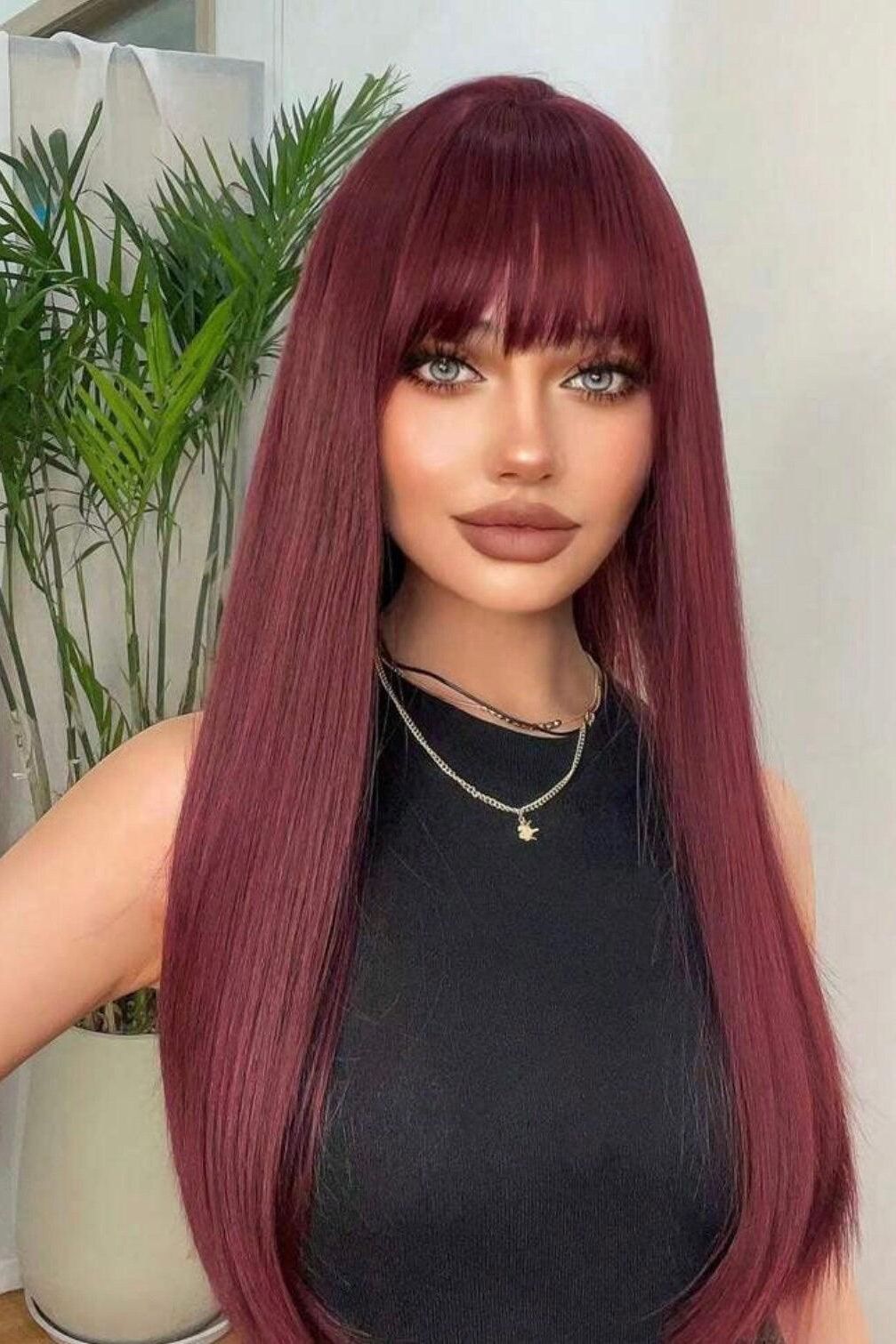 Long Red Straight Synthetic Wig With Bangs - Labelle Boutique Hair