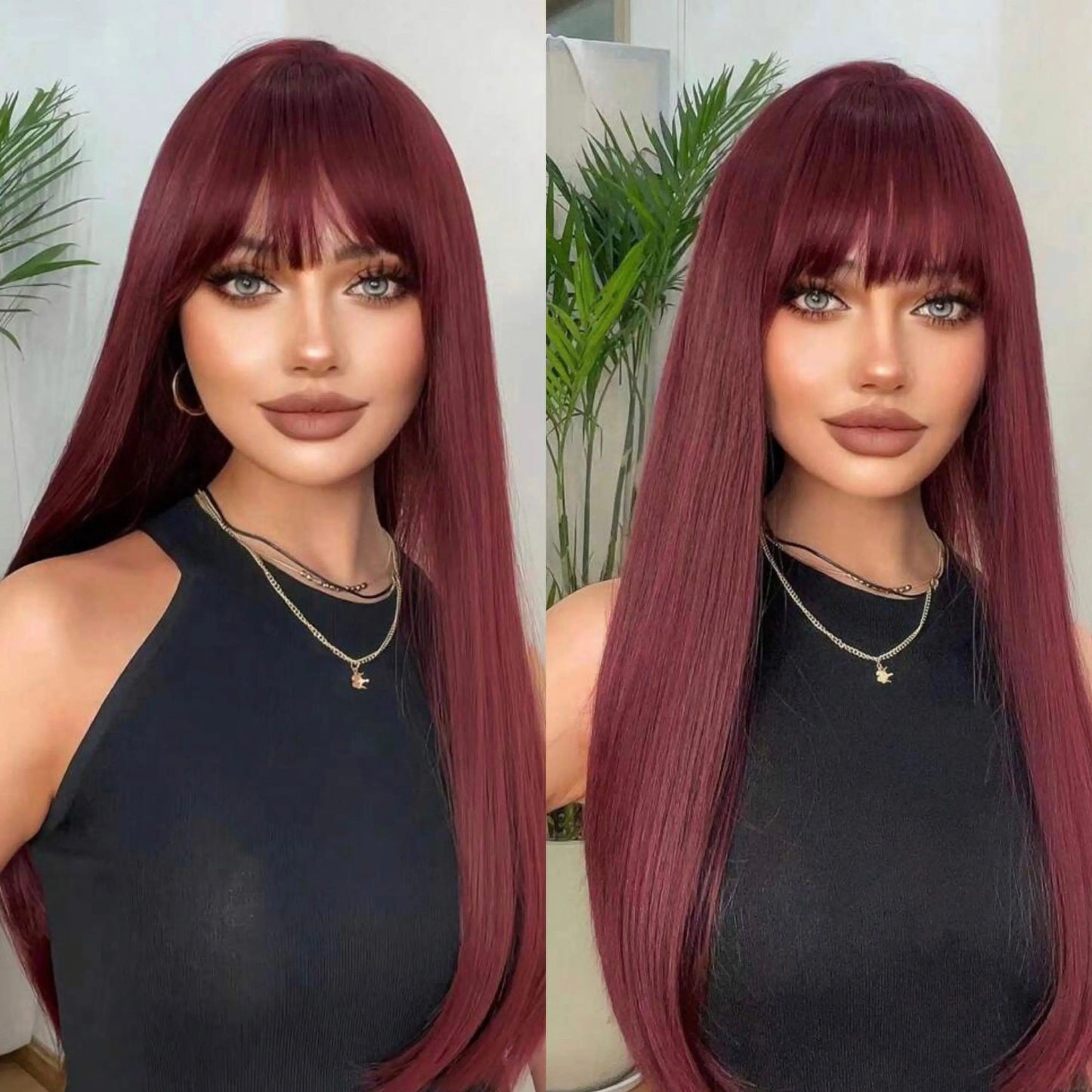 Long Red Straight Synthetic Wig With Bangs - Labelle Boutique Hair